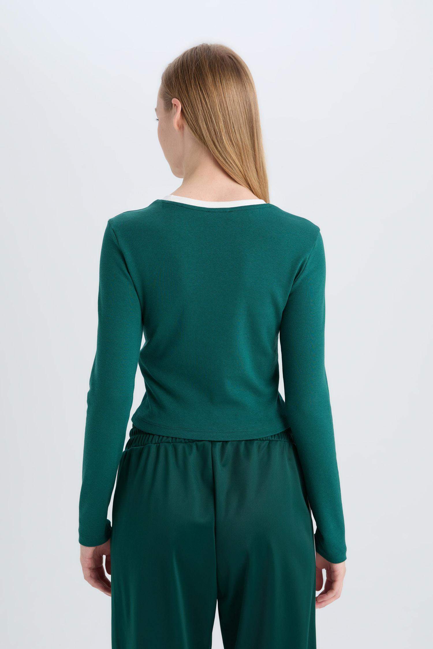 Fitted Baskılı Bisiklet Yaka Ribana Uzun Kollu Tişört