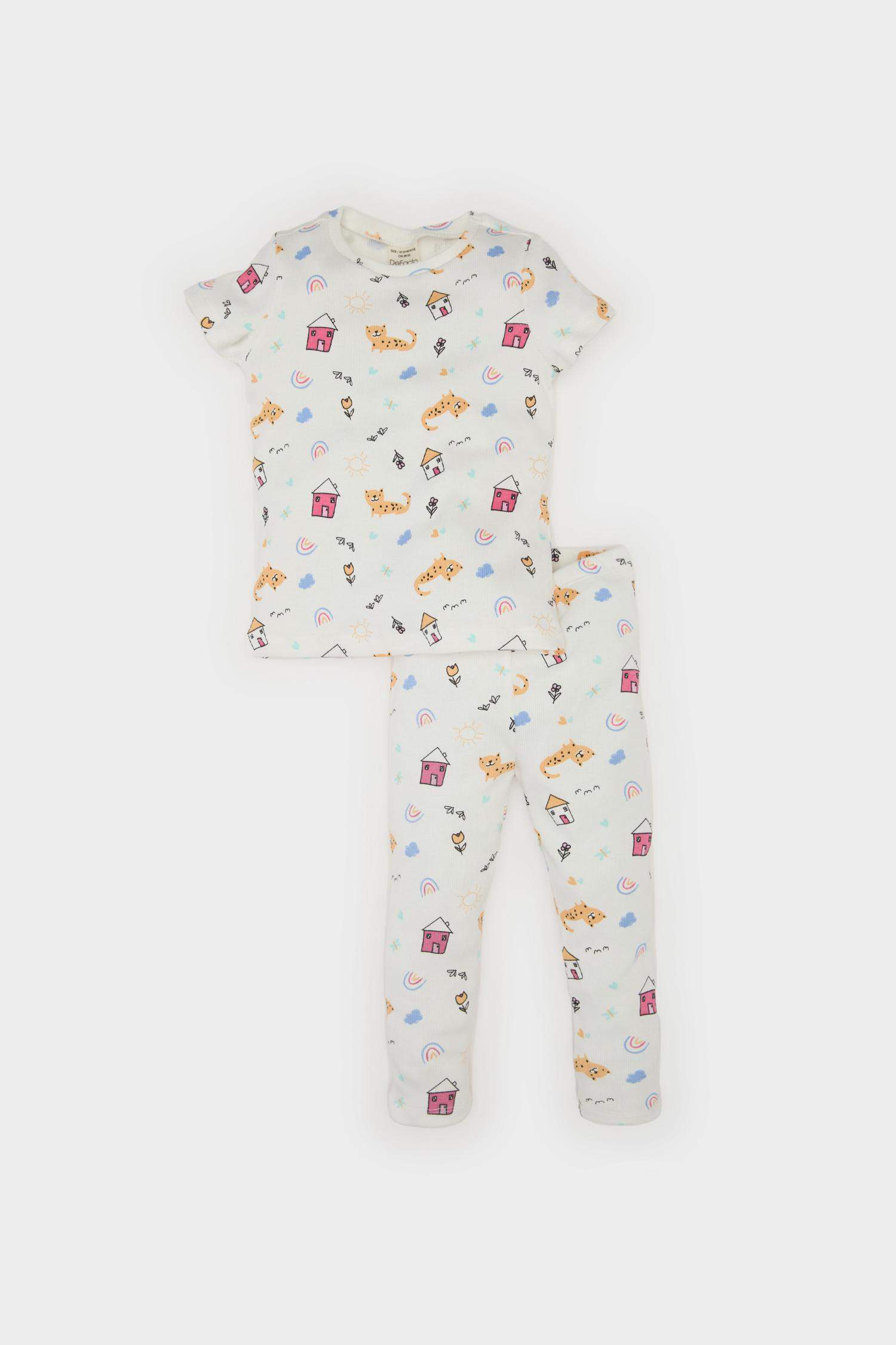 Kız Bebek Pijama Takımı Desenli Kısa Kollu Fitilli Kaşkorse Üst Beli Lastikli Uzun Alt