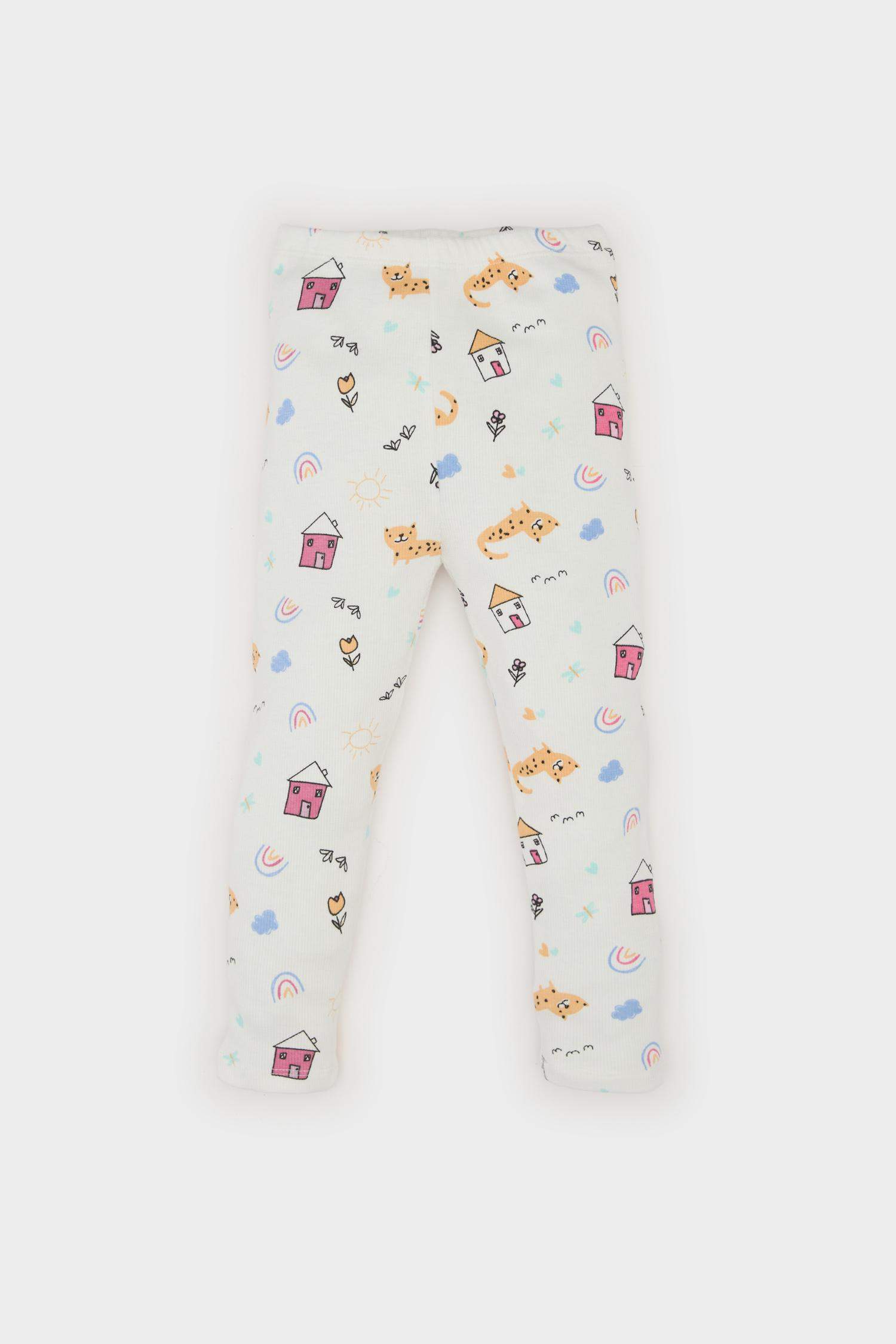 Kız Bebek Pijama Takımı Desenli Kısa Kollu Fitilli Kaşkorse Üst Beli Lastikli Uzun Alt