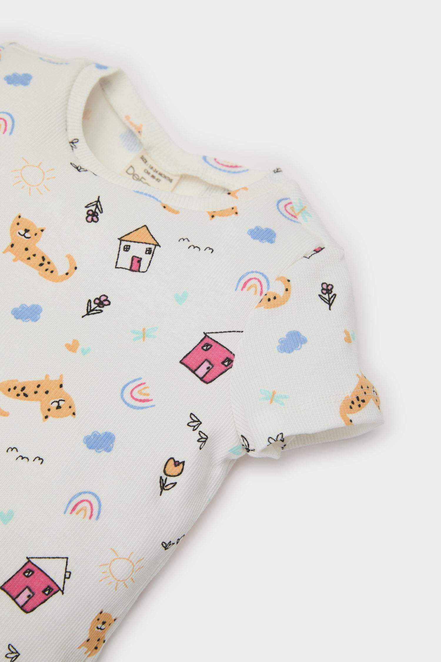 Kız Bebek Pijama Takımı Desenli Kısa Kollu Fitilli Kaşkorse Üst Beli Lastikli Uzun Alt