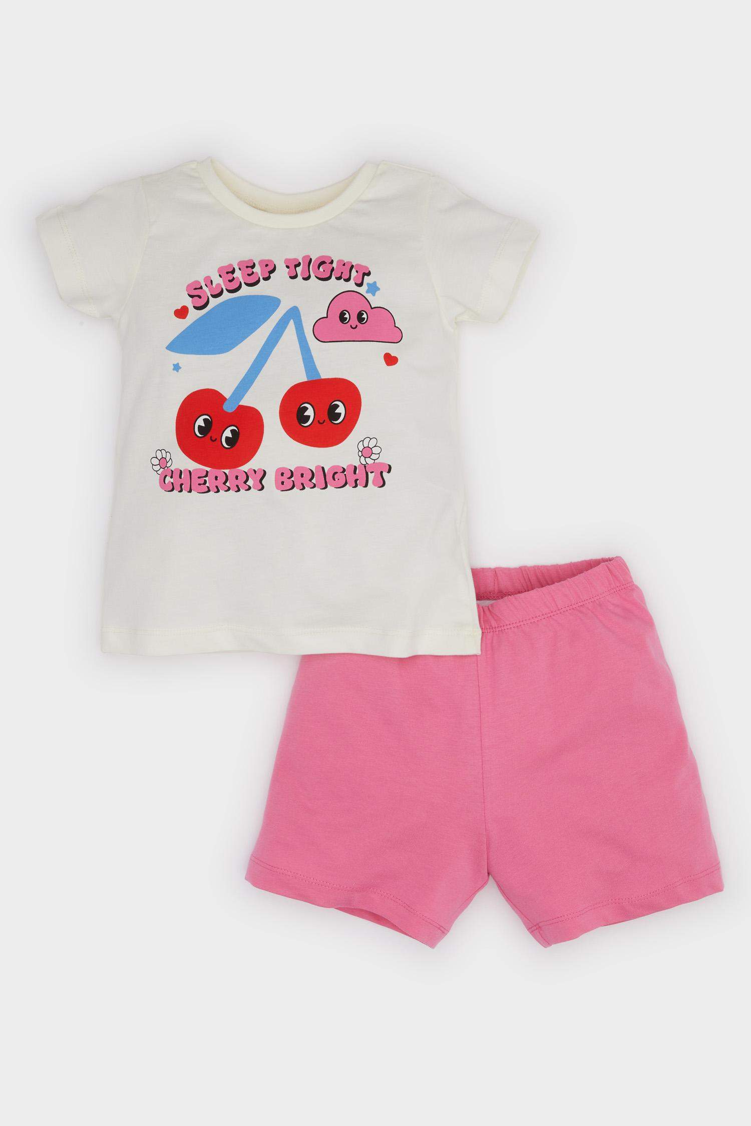 Kız Bebek 4'lü Pijama Takımı Desenli Kısa Kollu Penye Üst Beli Lastikli Şort