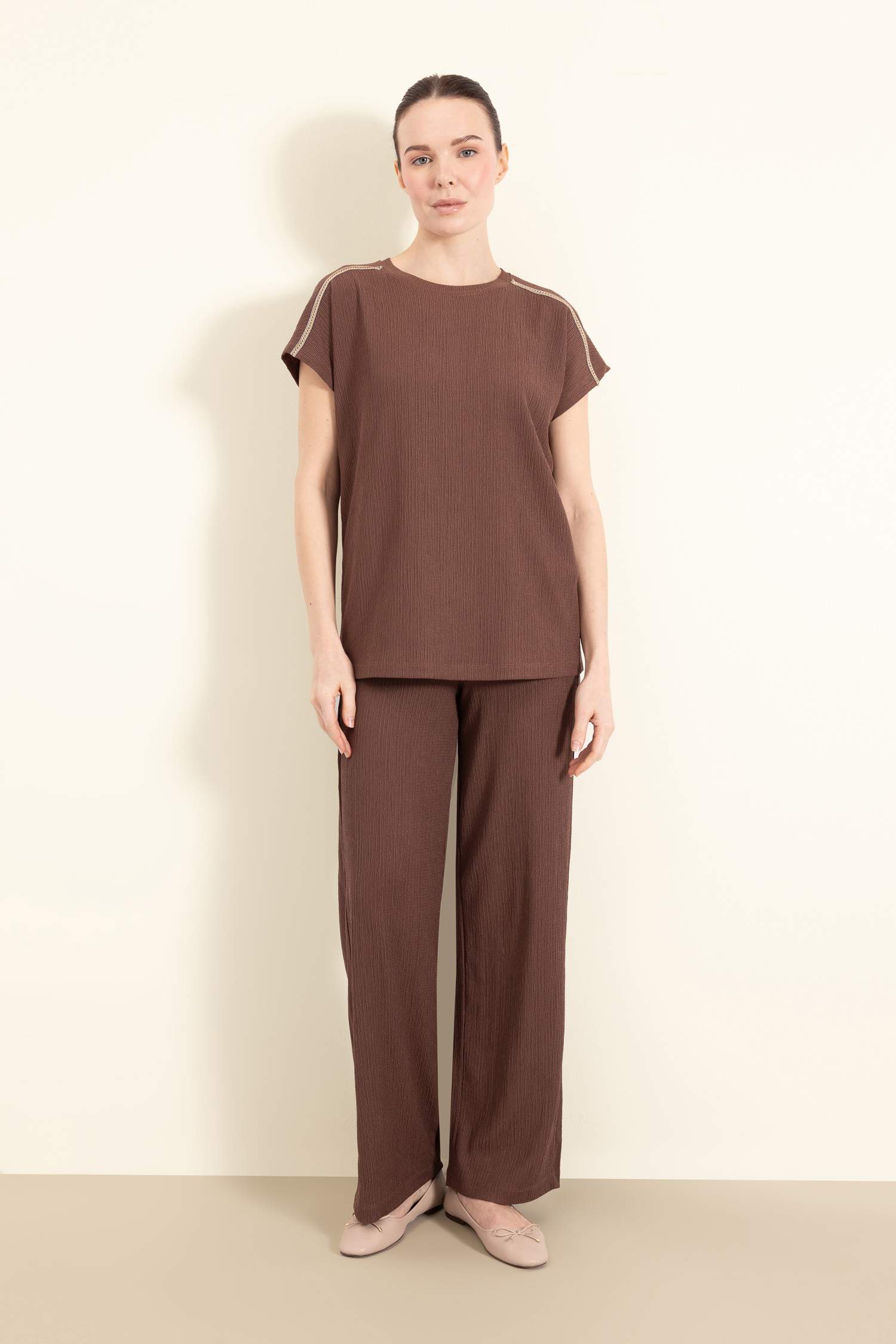 Regular Fit Bisiklet Yaka Bürümcük Kısa Kollu Tişört