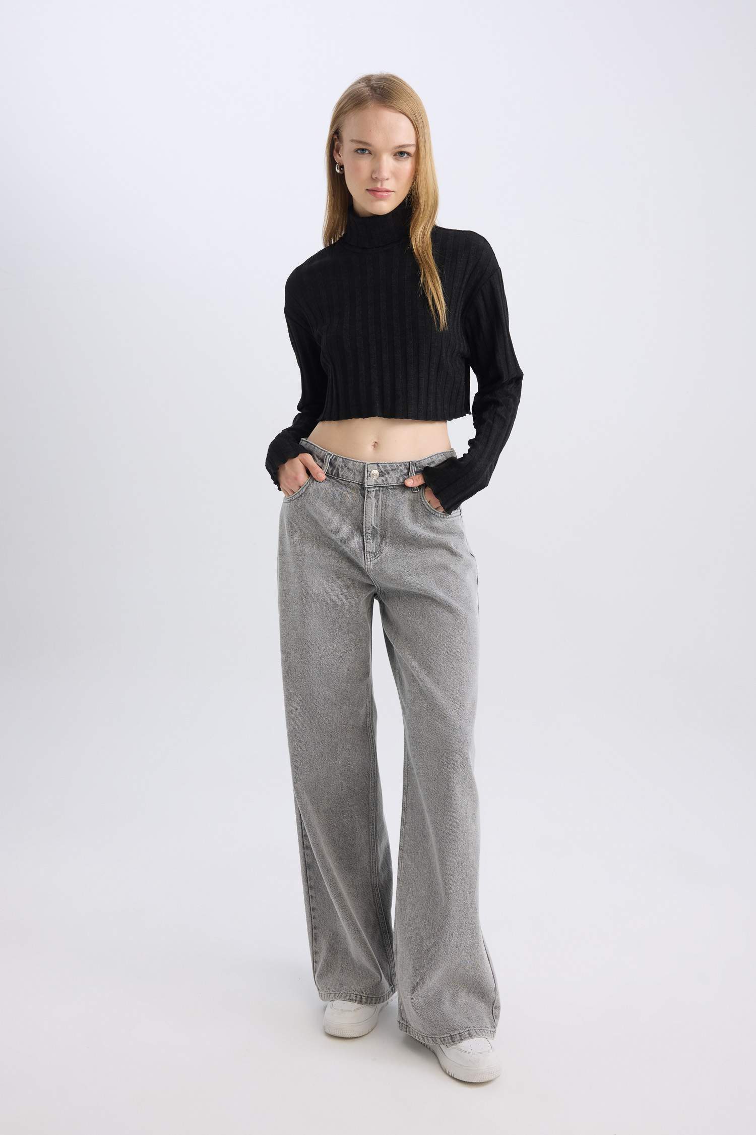 Coool Balıkçı Yaka Crop Top Basic Düz Fitilli Kaşkorse Uzun Kollu Tişört
