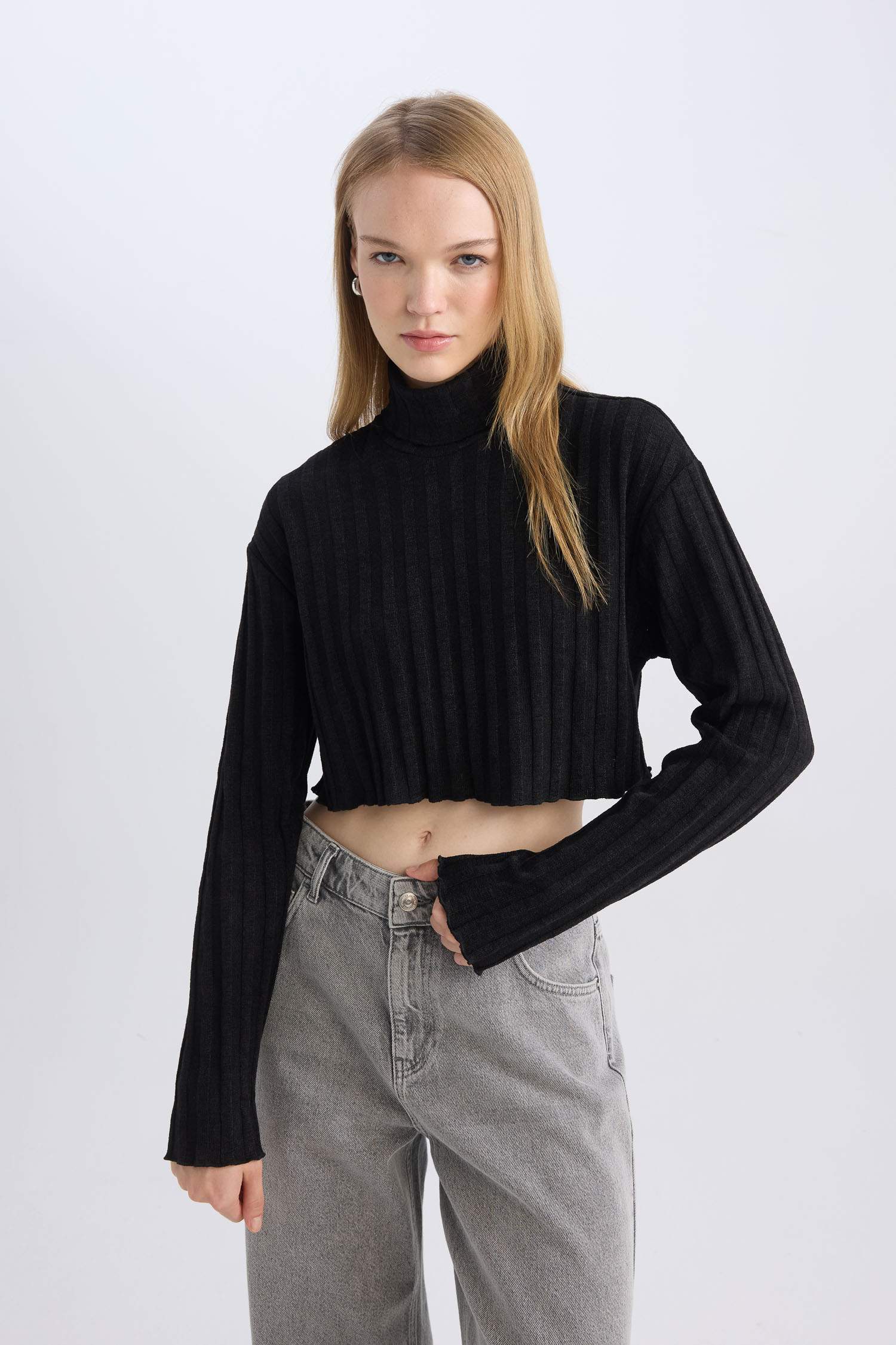 Coool Balıkçı Yaka Crop Top Basic Düz Fitilli Kaşkorse Uzun Kollu Tişört