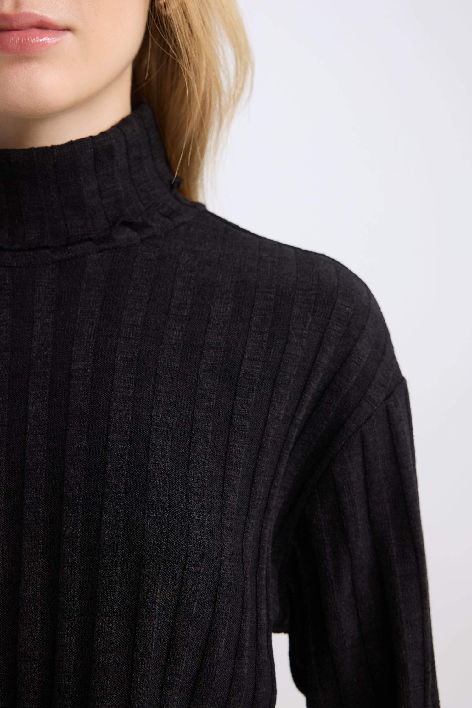 Coool Balıkçı Yaka Crop Top Basic Düz Fitilli Kaşkorse Uzun Kollu Tişört