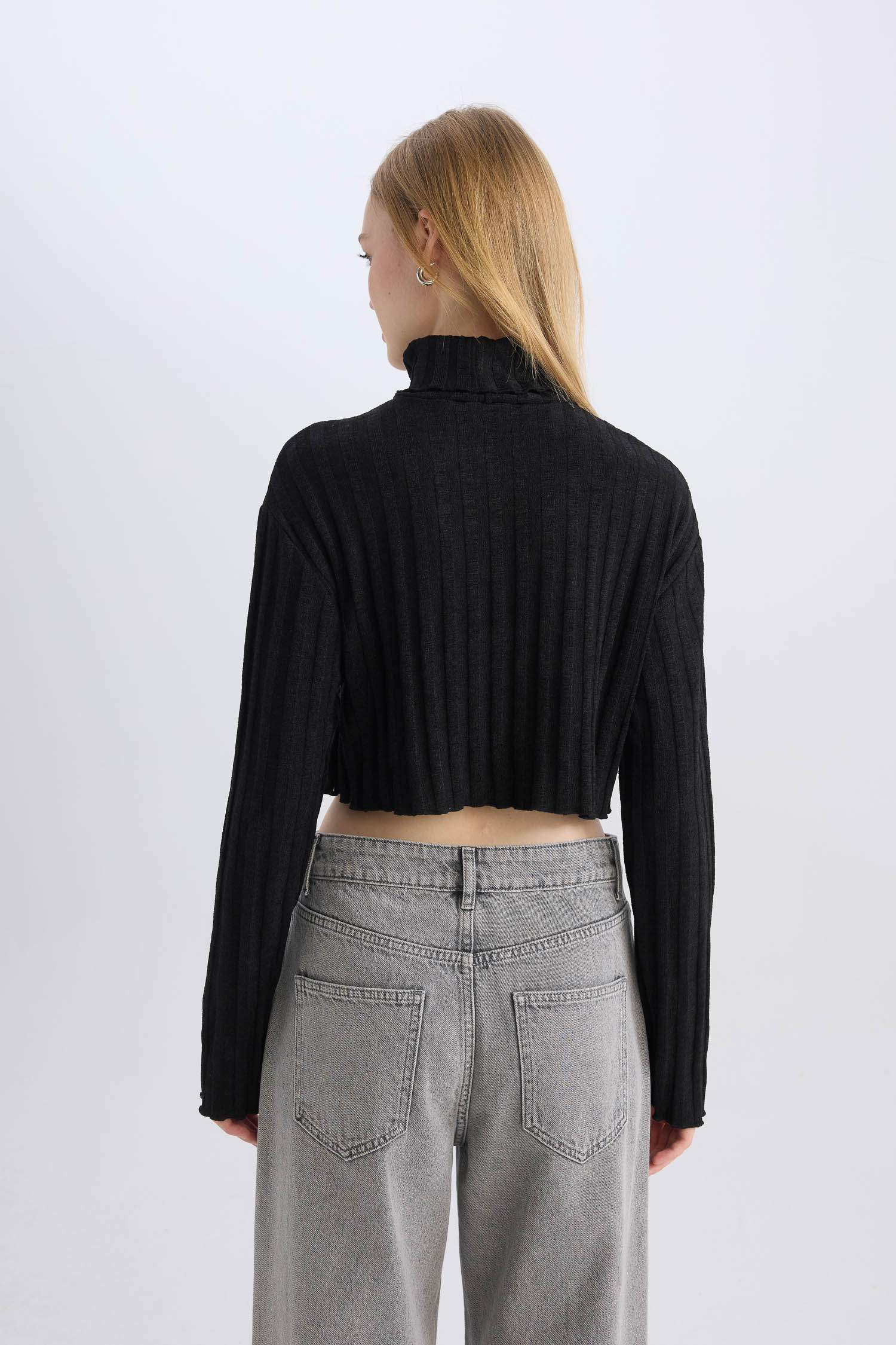 Coool Balıkçı Yaka Crop Top Basic Düz Fitilli Kaşkorse Uzun Kollu Tişört