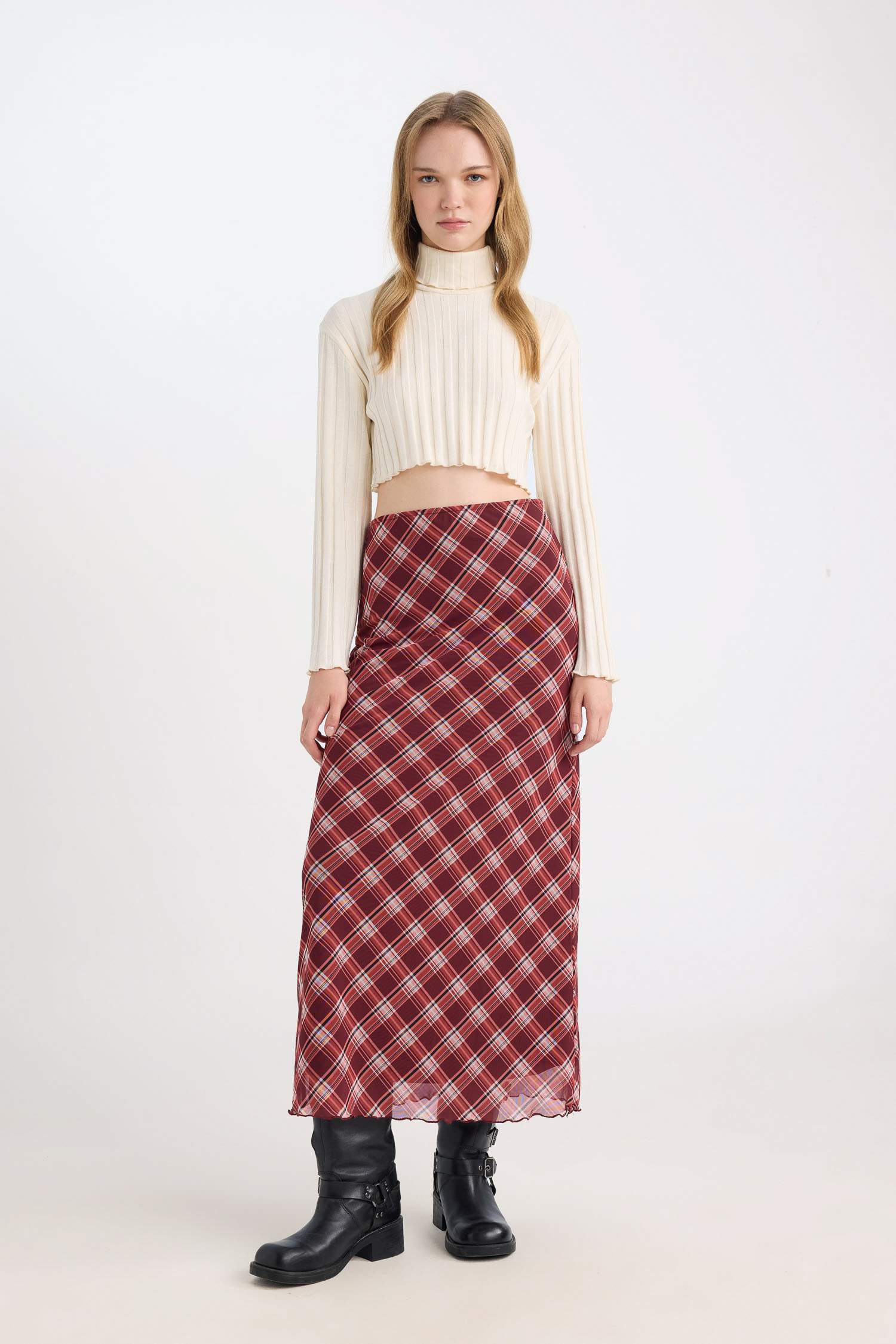 Coool Balıkçı Yaka Crop Top Basic Düz Fitilli Kaşkorse Uzun Kollu Tişört