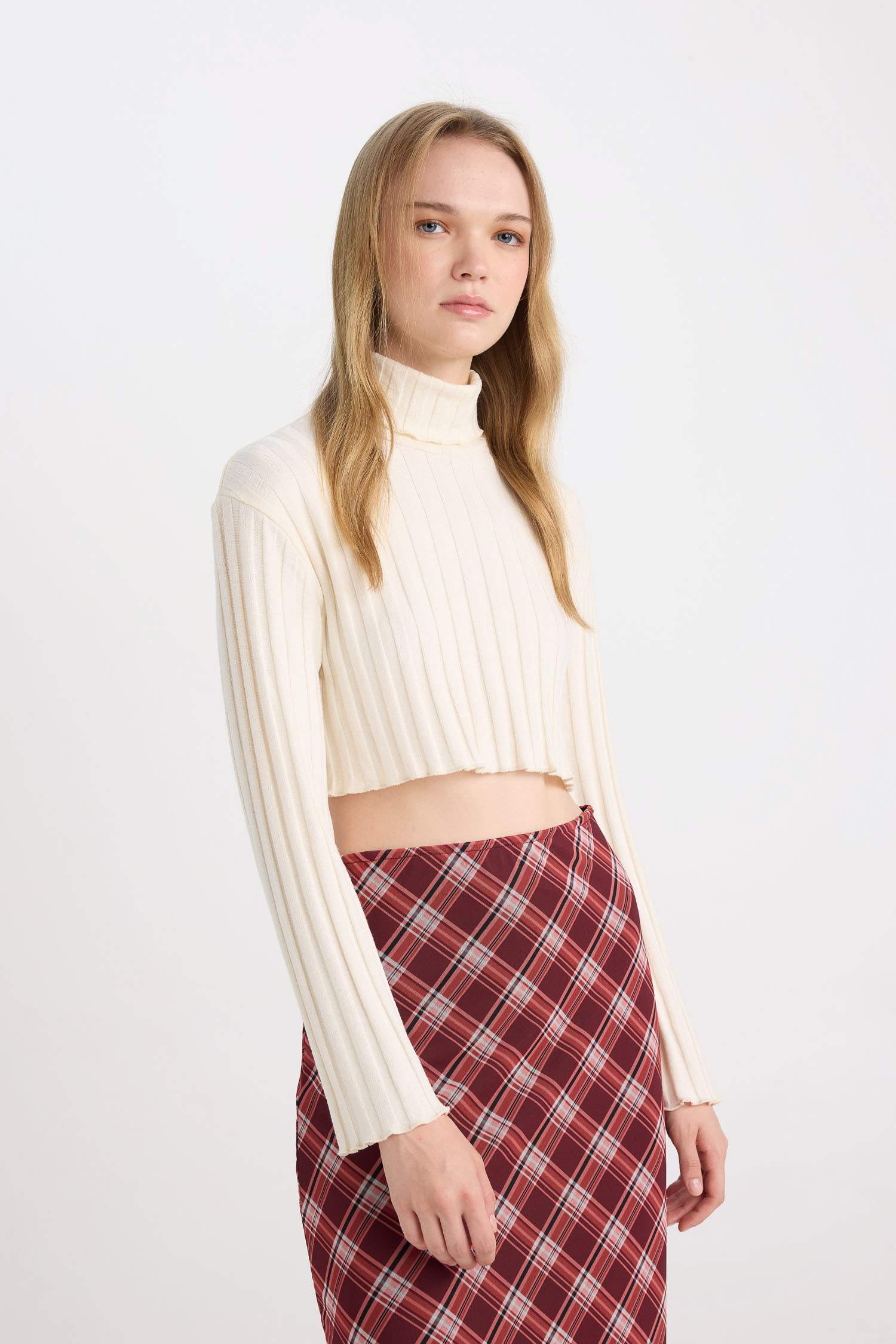 Coool Balıkçı Yaka Crop Top Basic Düz Fitilli Kaşkorse Uzun Kollu Tişört