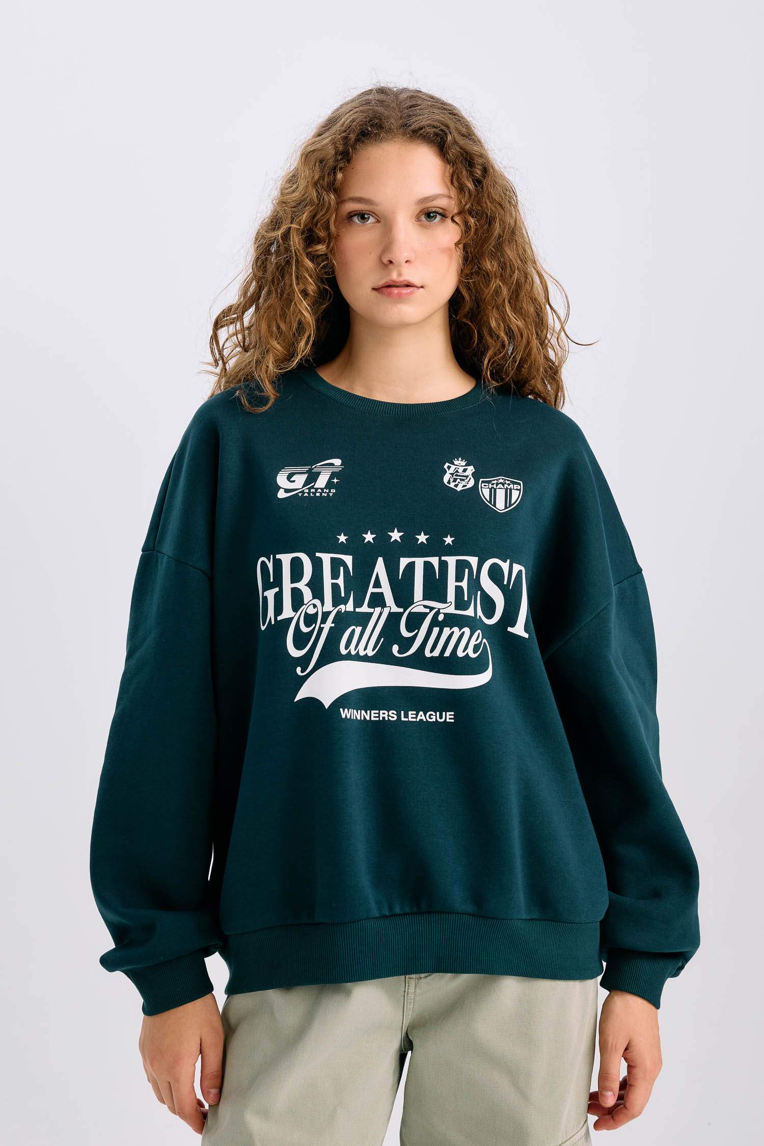 Green Woman Loose Fit Crew Neck Printed Thick Sweatshirt 3197207