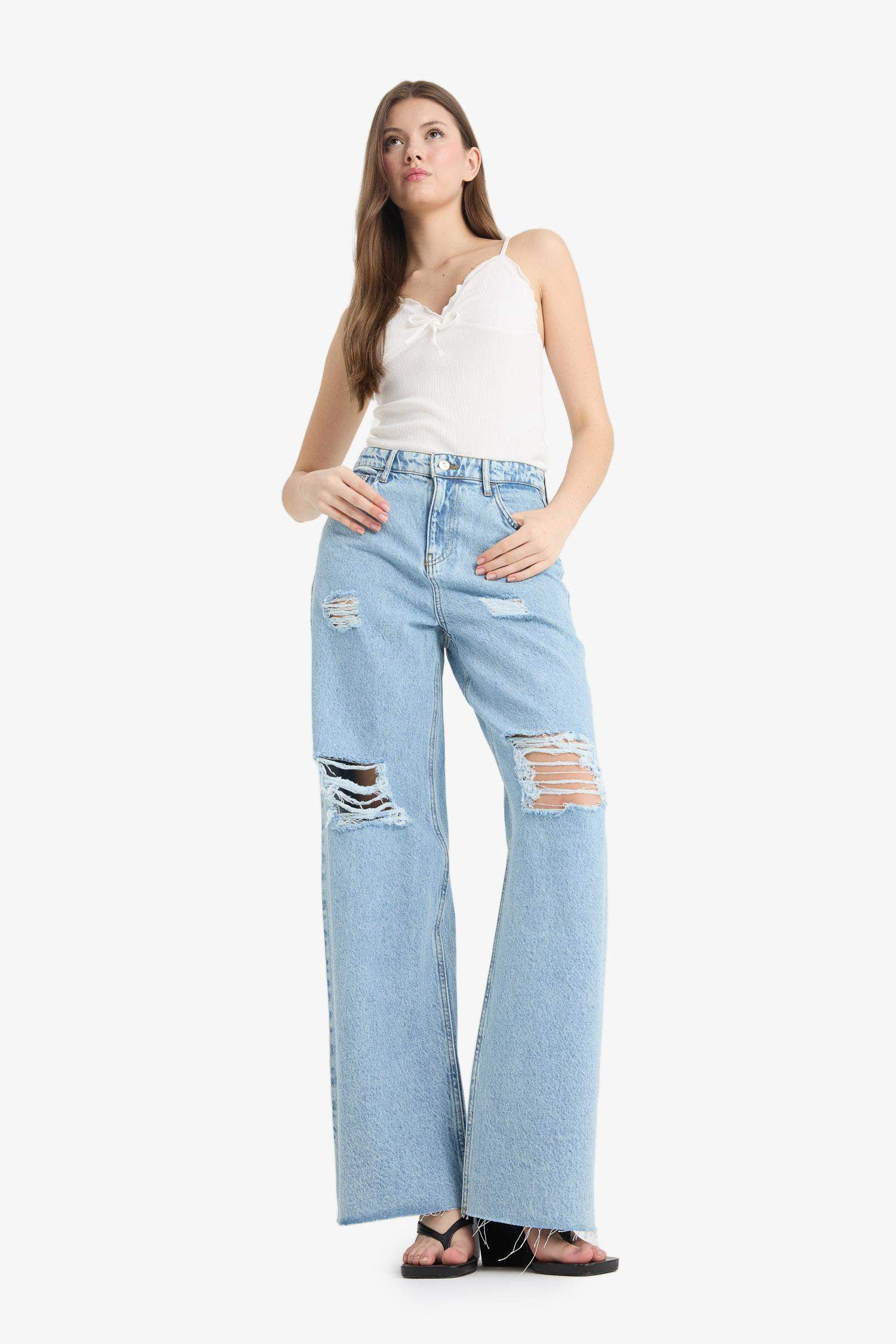 90's Ripped Detailed High Waist Wide Leg Jeans