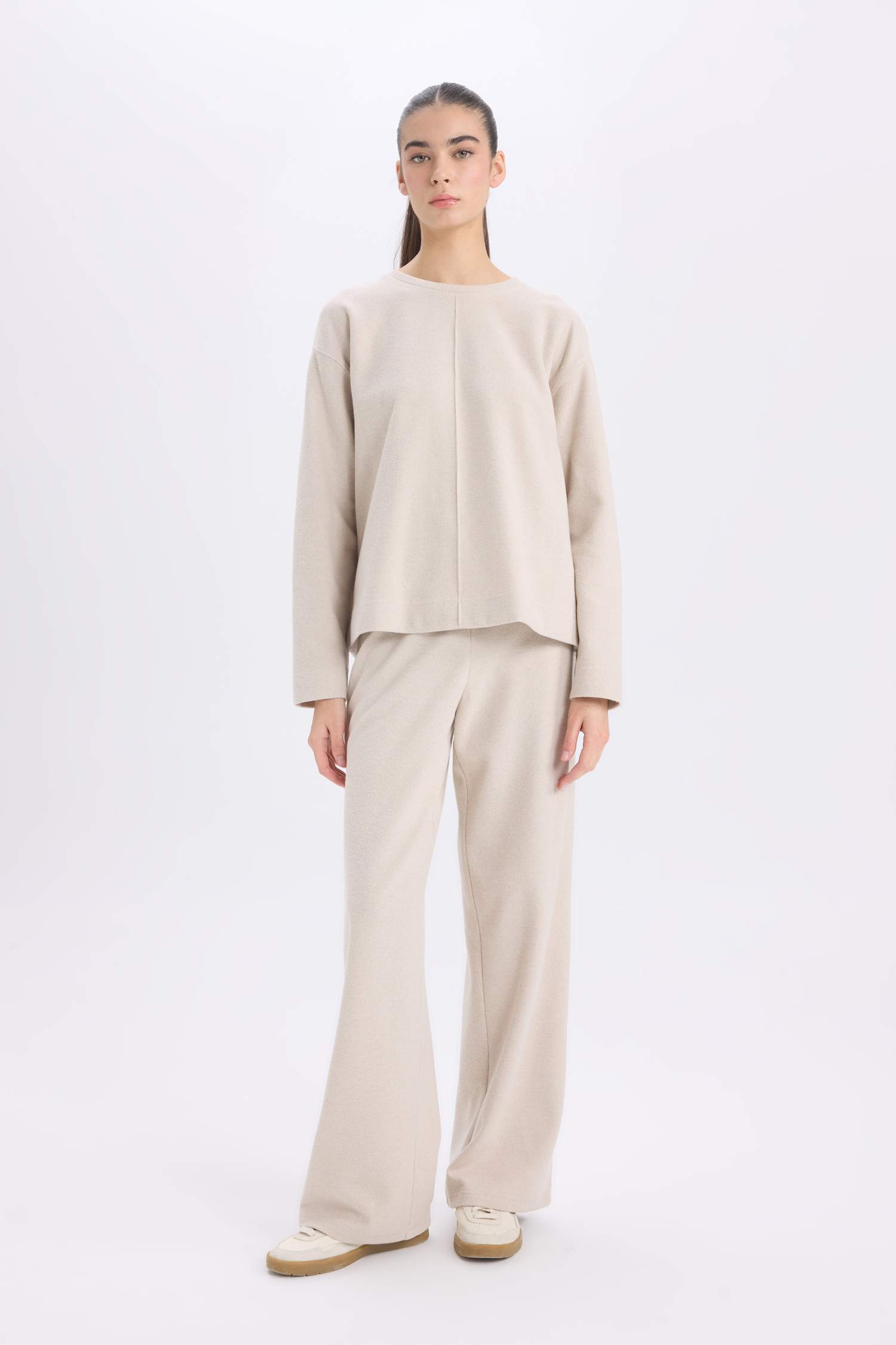 Long Sleeve Basic Top Wide Leg Bottom 2 Piece Set