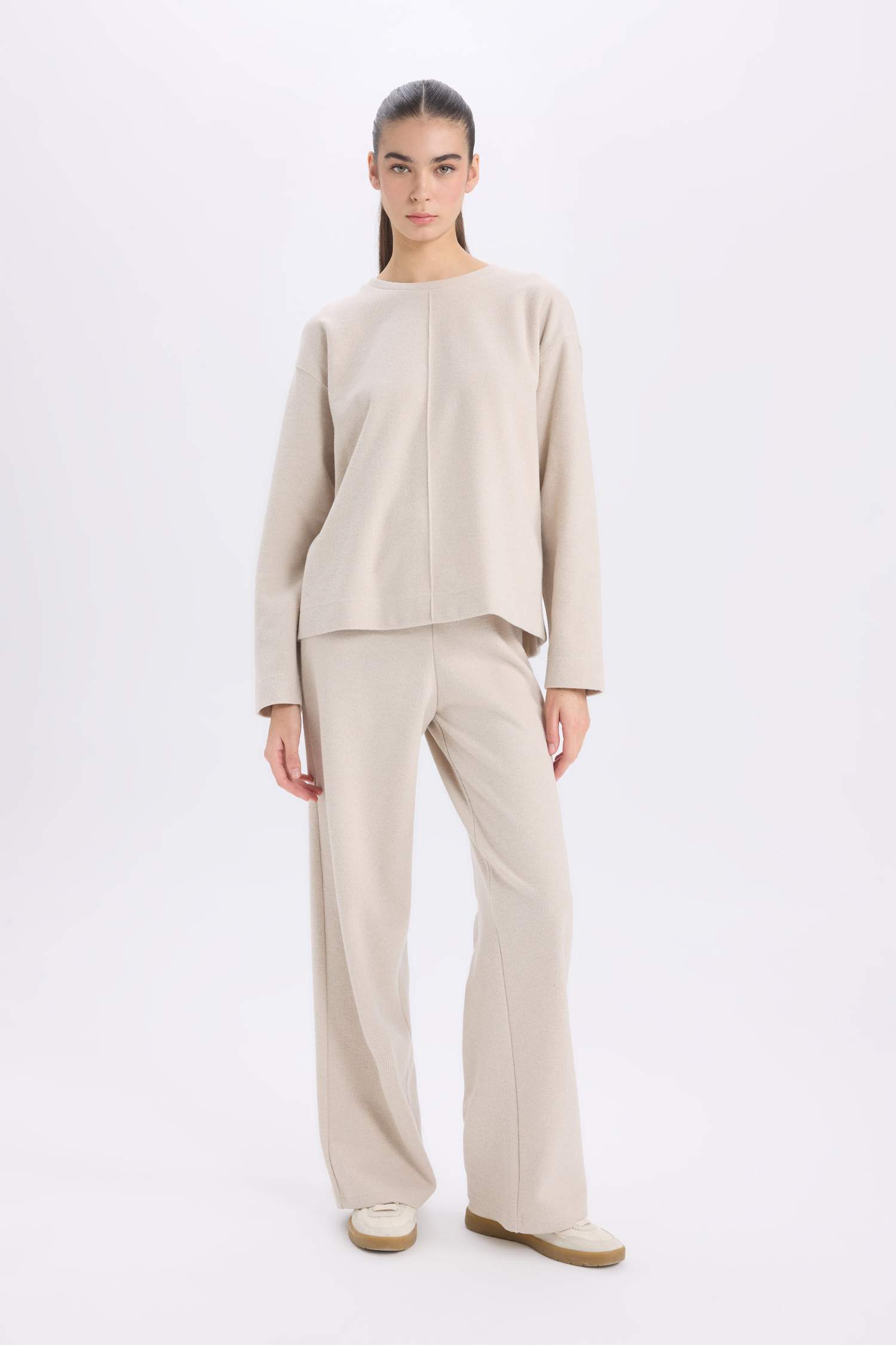 Long Sleeve Basic Top Wide Leg Bottom 2 Piece Set