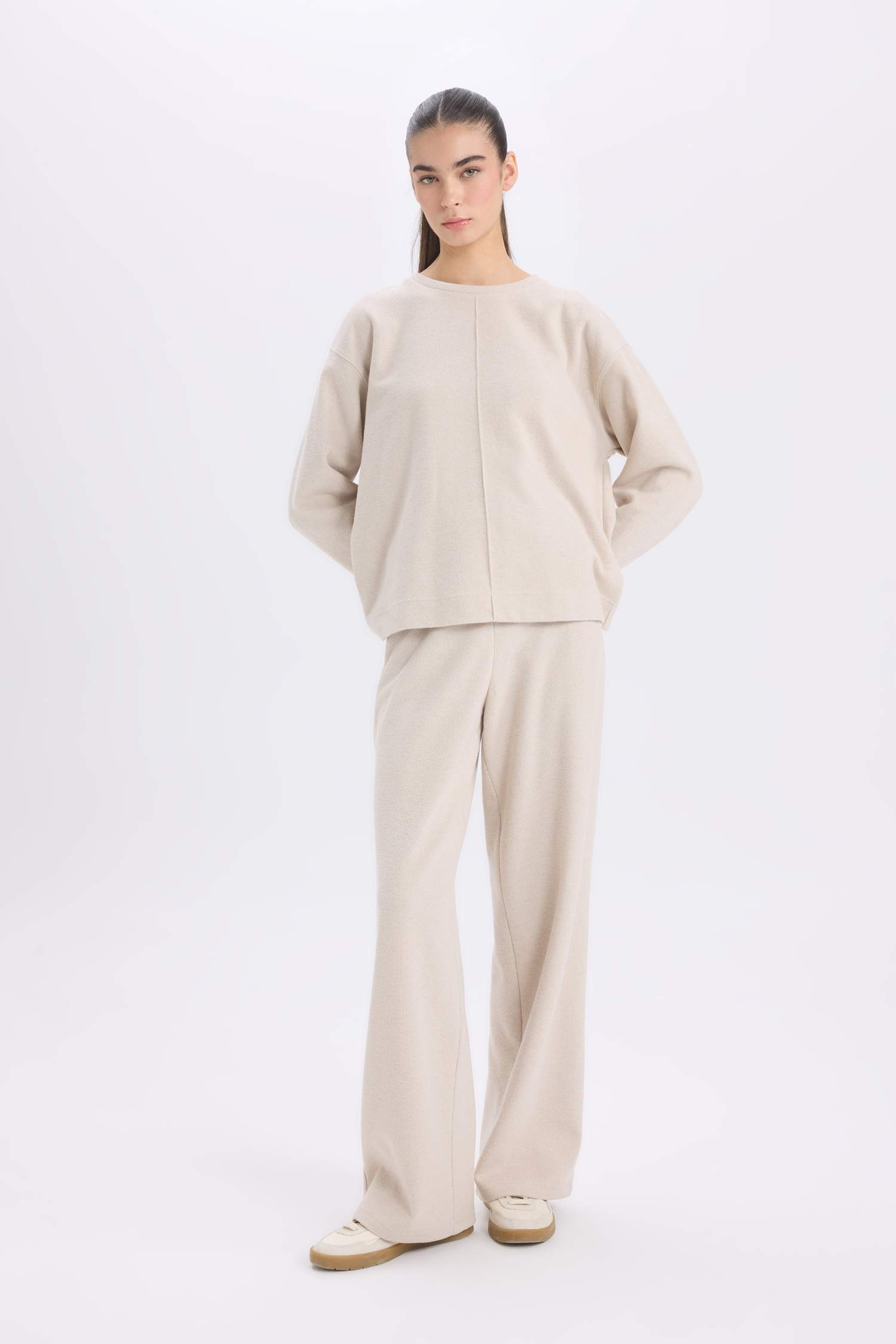 Long Sleeve Basic Top Wide Leg Bottom 2 Piece Set