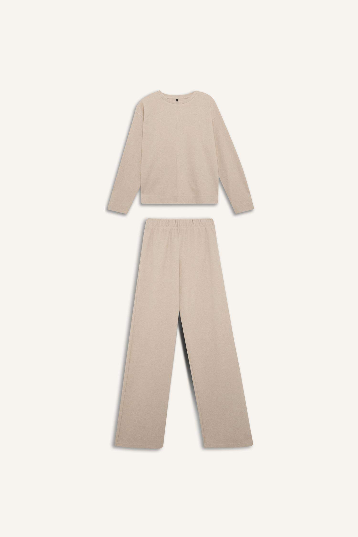 Long Sleeve Basic Top Wide Leg Bottom 2 Piece Set