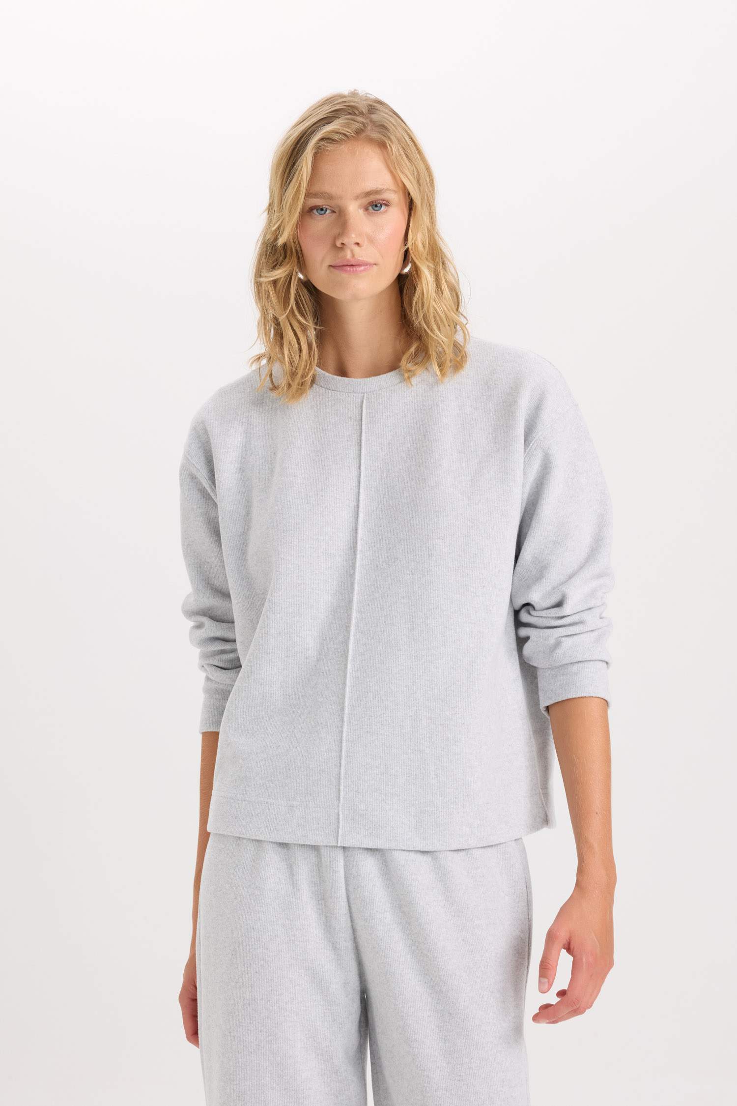 2'li Takım Bisiklet Yaka Uzun Kollu Basic Düz Üst Wide Leg Geniş Bol Paça Alt