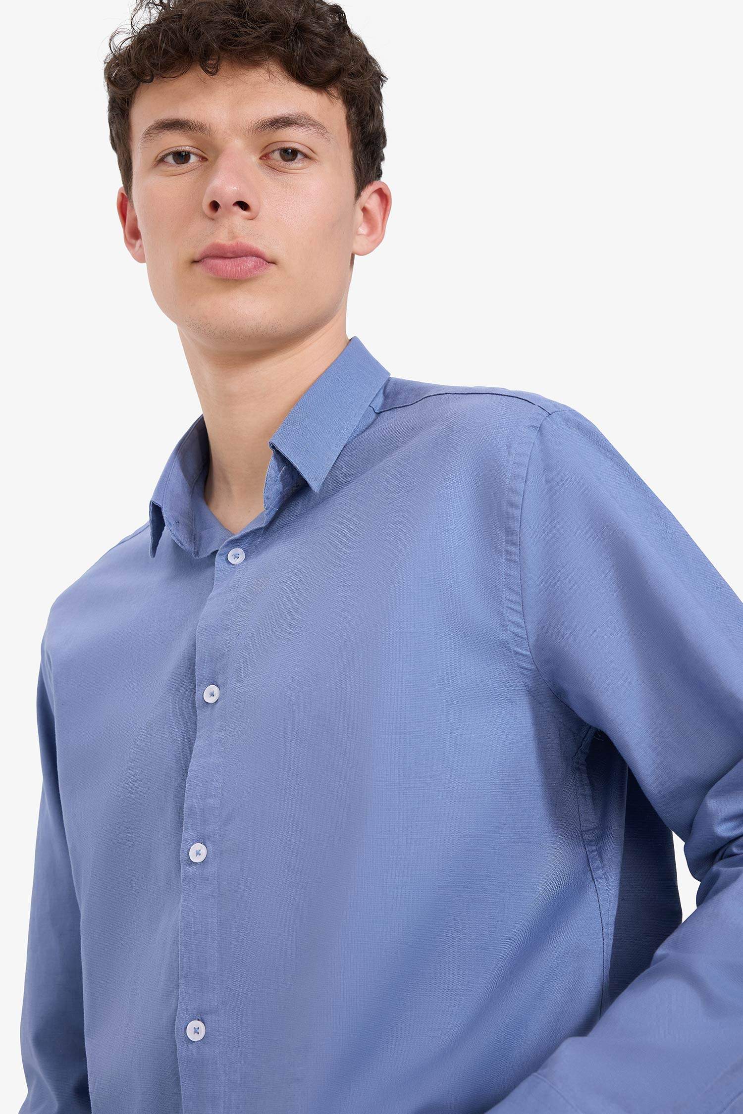 Regular Fit Polo Yaka Keten Yazlık Uzun Kollu Gömlek