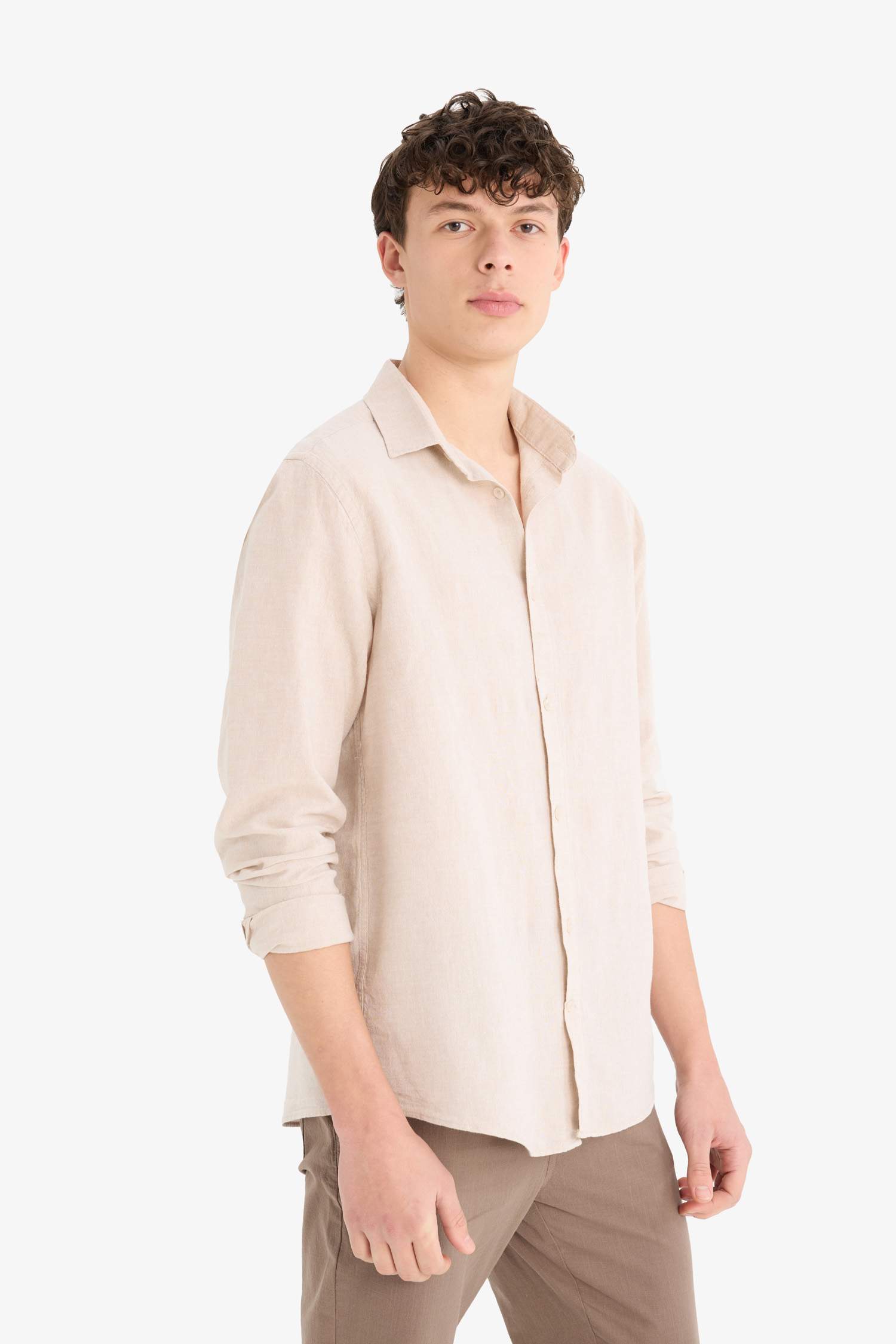 Regular Fit Polo Neck Linen Summer Long Sleeve Shirt