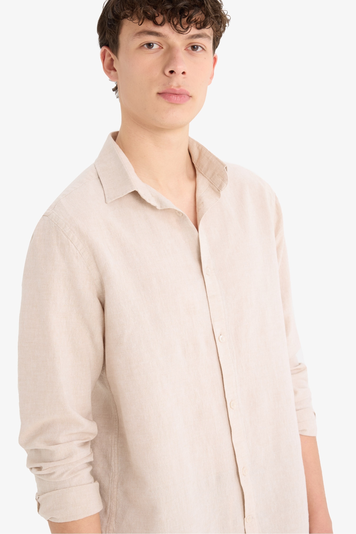 Regular Fit Polo Neck Linen Summer Long Sleeve Shirt
