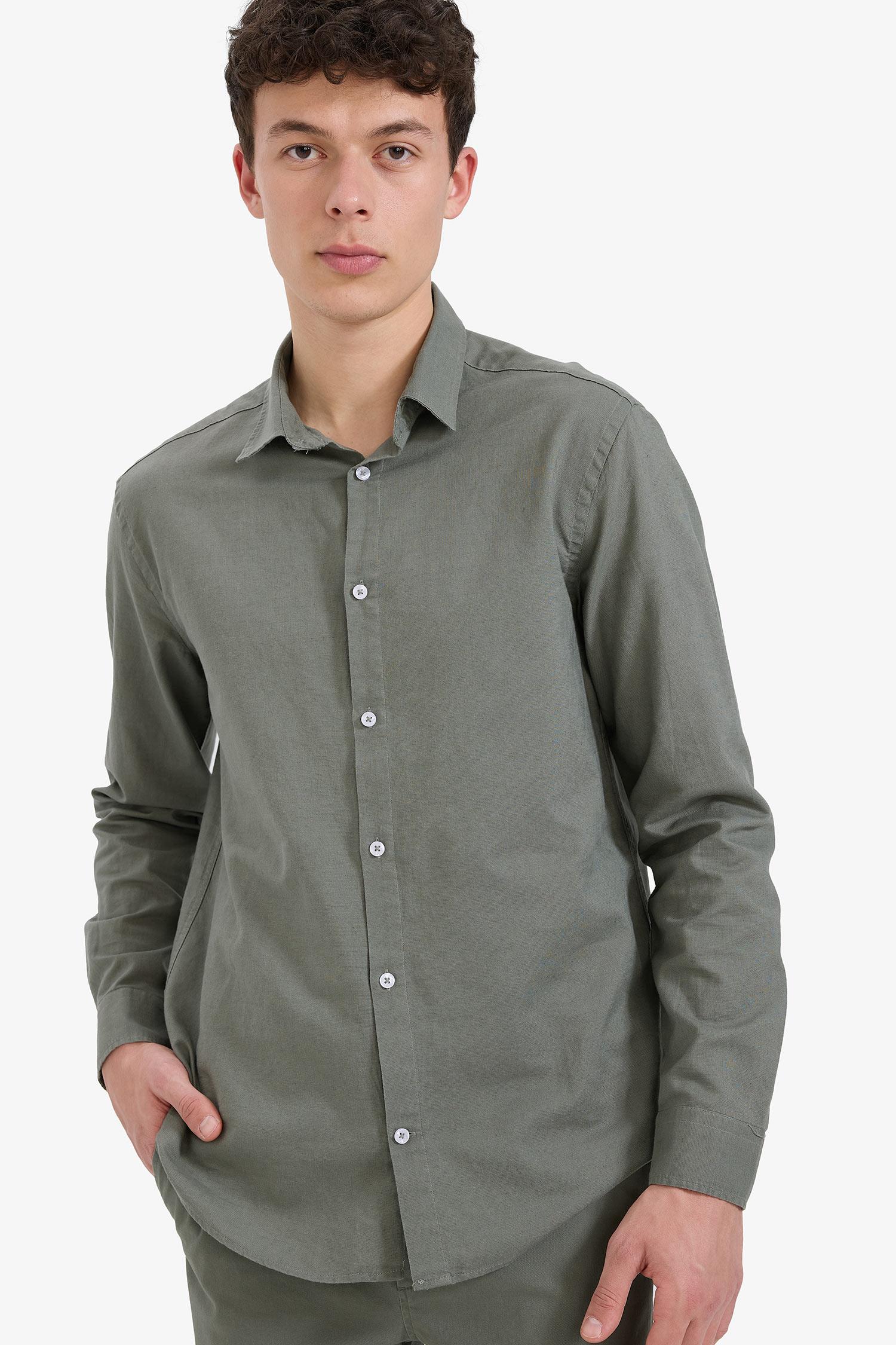 DeFacto Regular Fit Polo Yaka Keten Yazlık Uzun Kollu Gömlek görsel 3