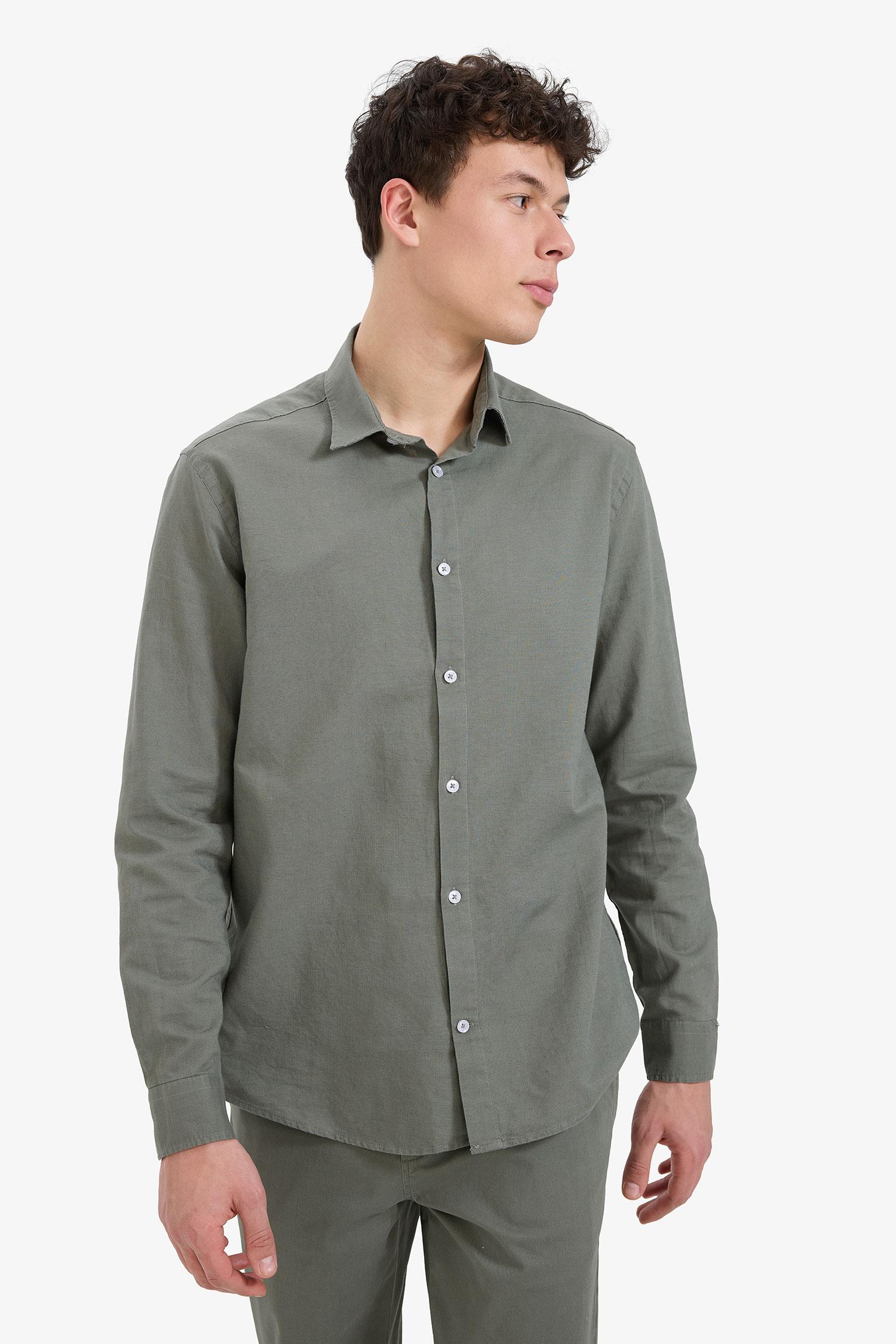 DeFacto Regular Fit Polo Yaka Keten Yazlık Uzun Kollu Gömlek görsel 4