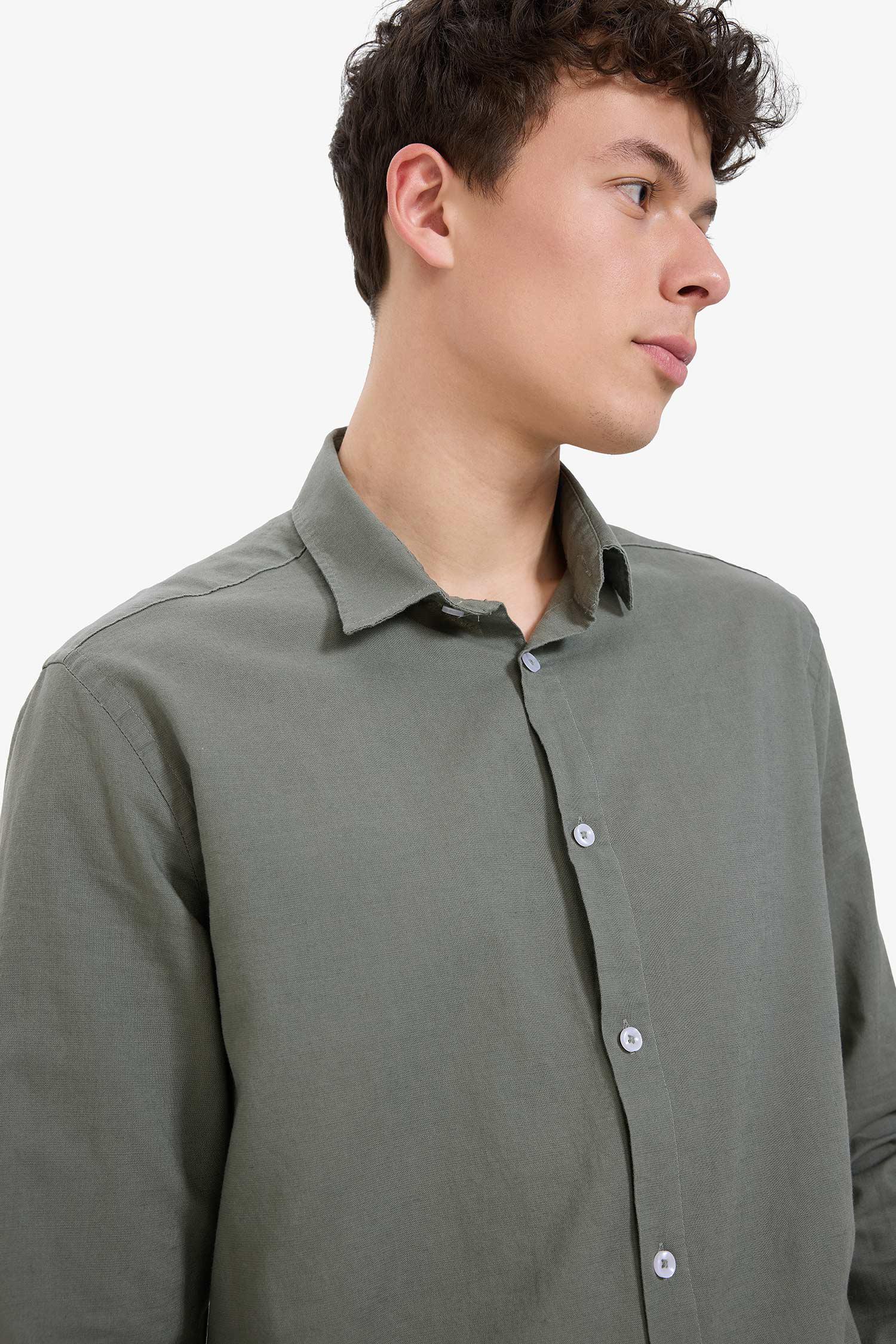 DeFacto Regular Fit Polo Yaka Keten Yazlık Uzun Kollu Gömlek görsel 5