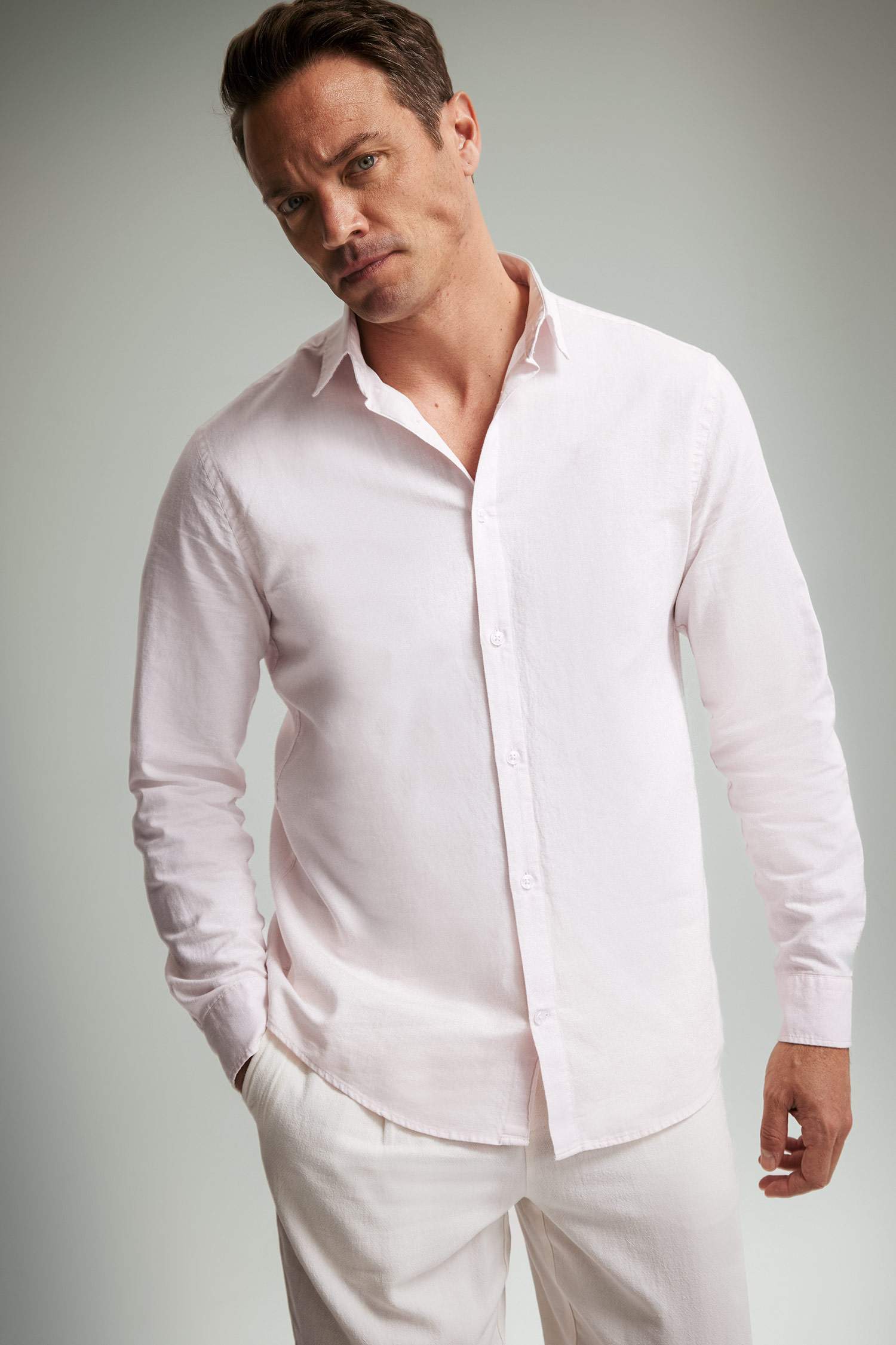 Regular Fit Polo Yaka Keten Yazlık Uzun Kollu Gömlek