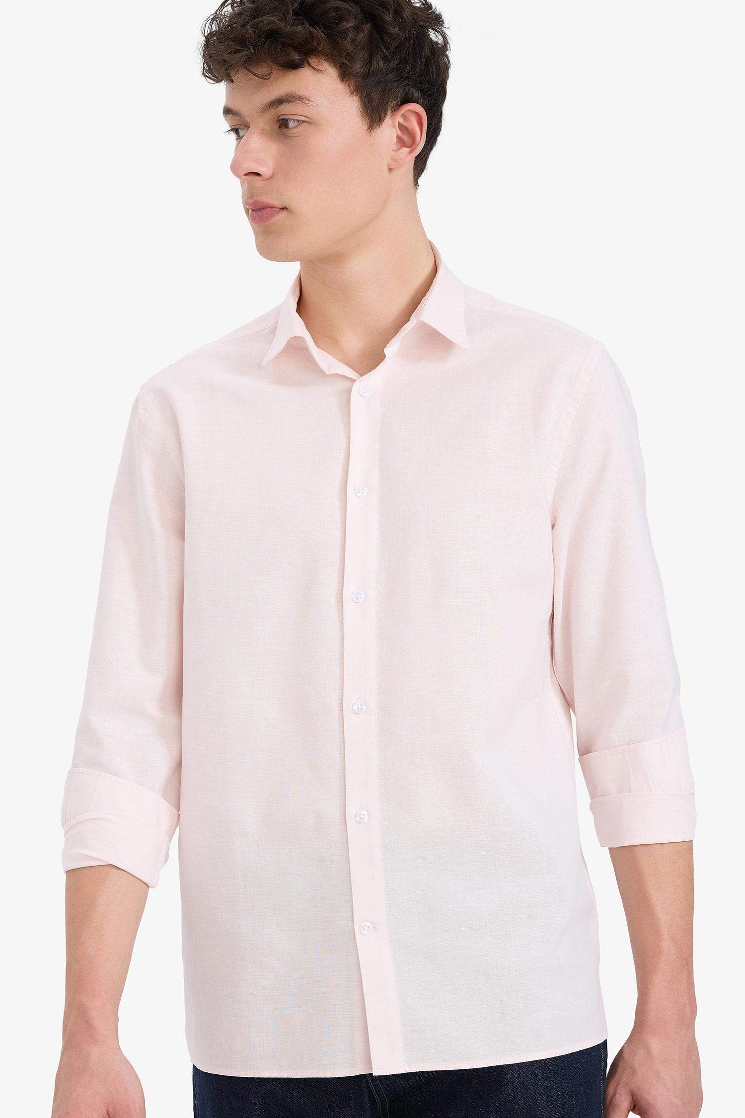 Regular Fit Polo Yaka Keten Yazlık Uzun Kollu Gömlek