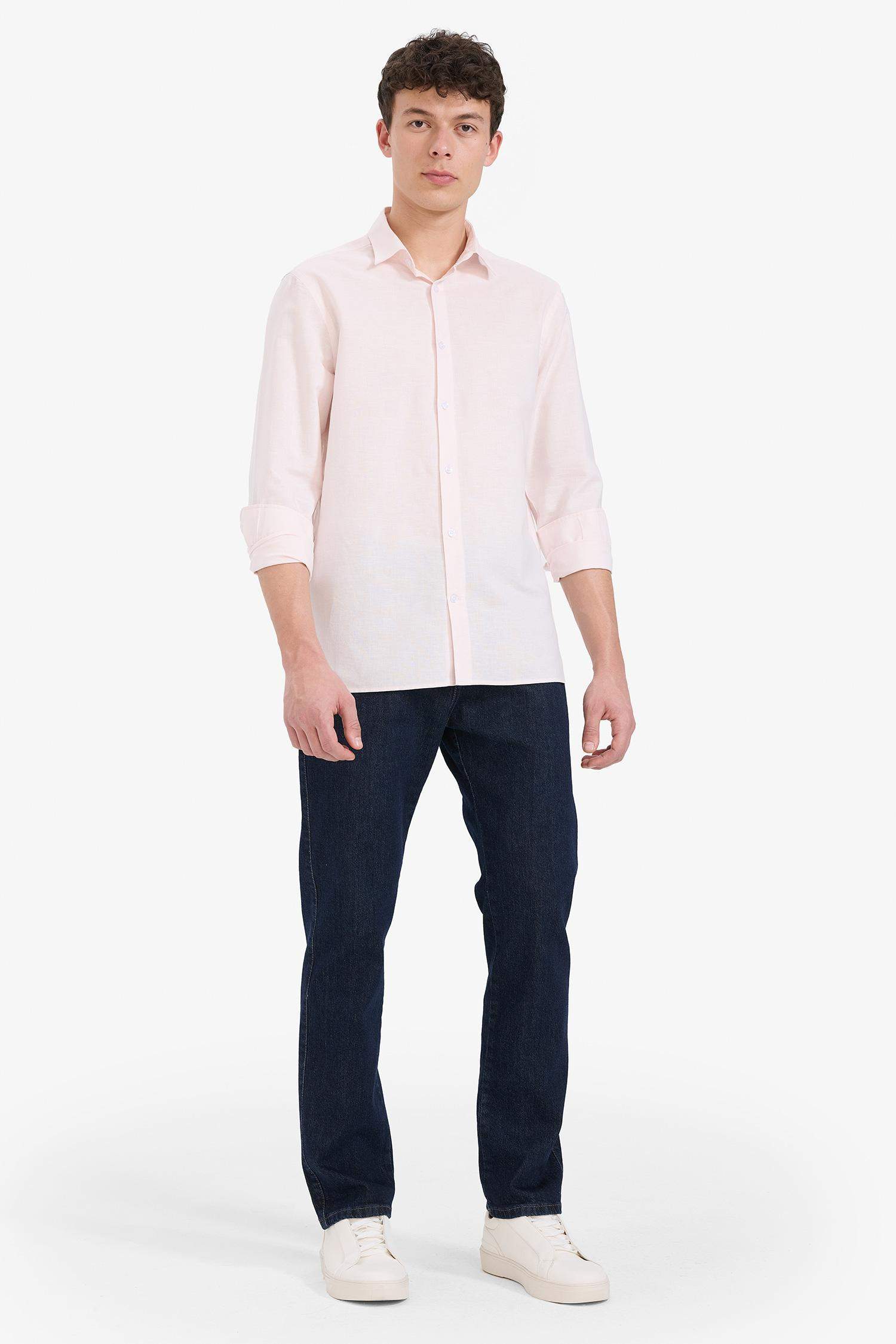 Regular Fit Polo Neck Linen Summer Long Sleeve Shirt