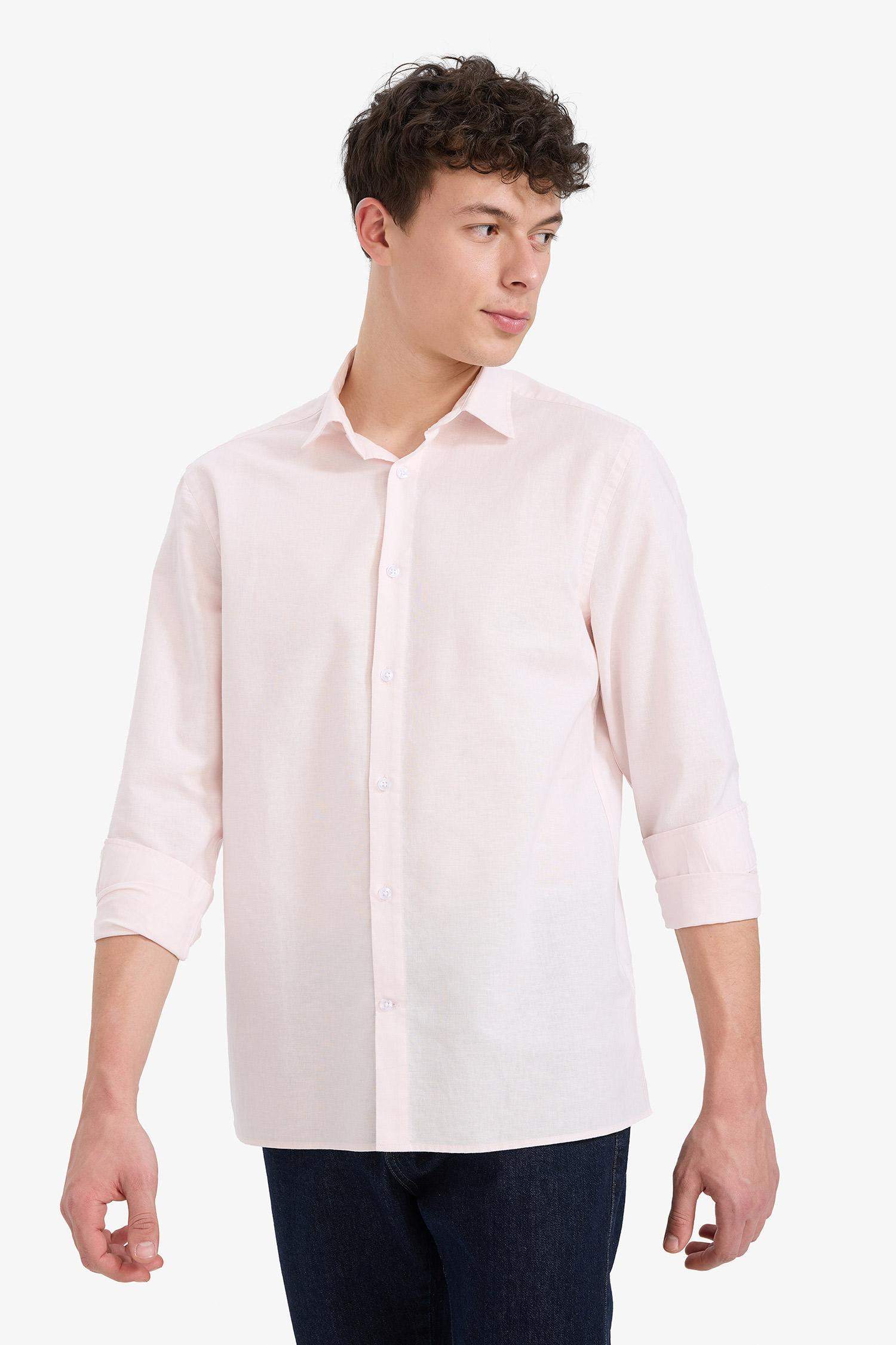 Regular Fit Polo Neck Linen Summer Long Sleeve Shirt
