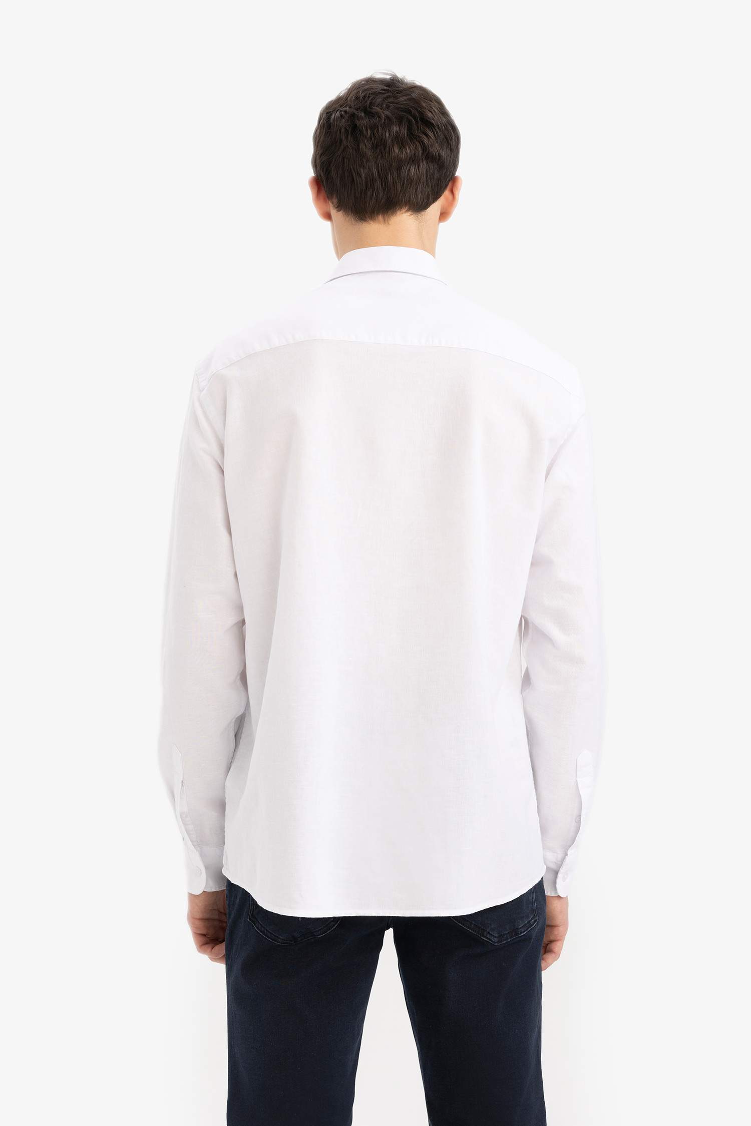 قميص كتان صيفي كم طويل قصة عادية وياقة بولو