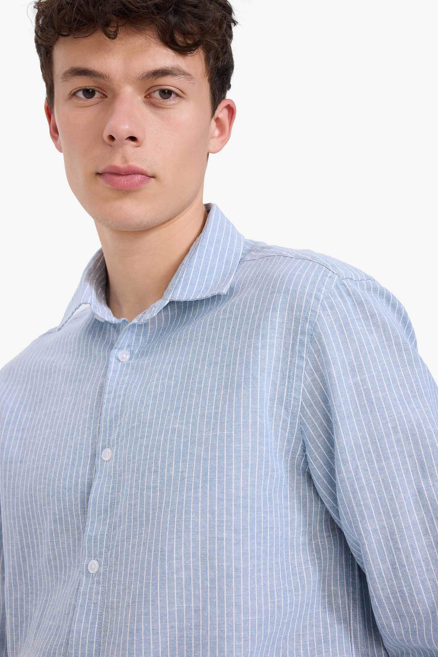 قميص كتان ردن طويل قصة عادية بياخة بولو