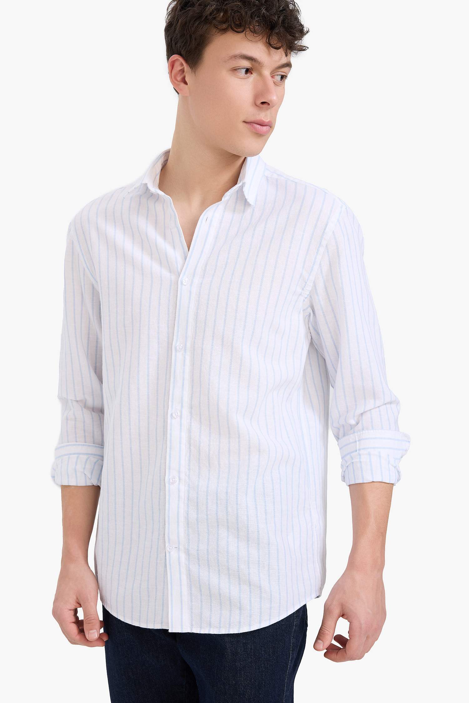 Regular Fit Polo Yaka Çizgili Keten Yazlık Uzun Kollu Gömlek