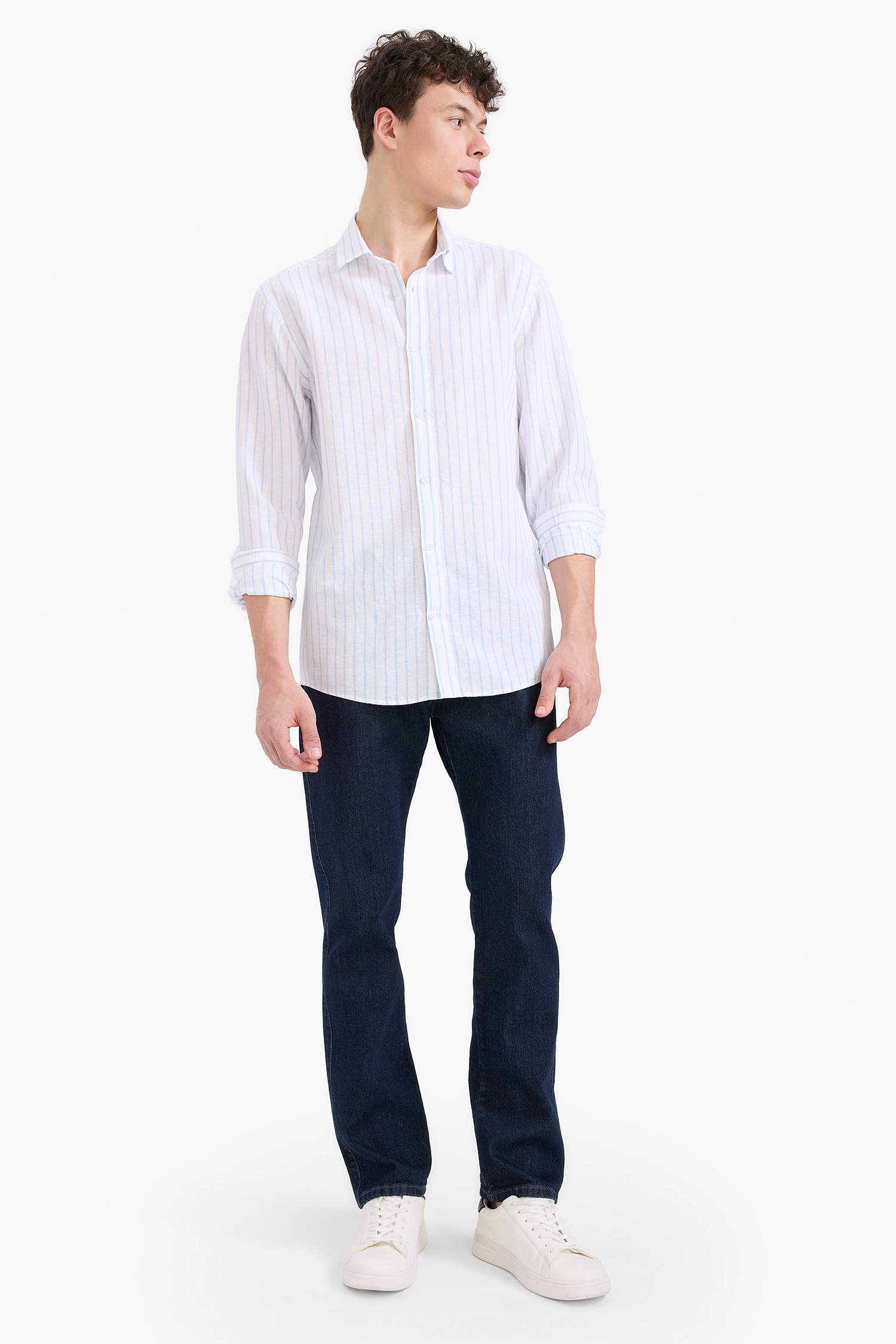 Regular Fit Polo Yaka Çizgili Keten Yazlık Uzun Kollu Gömlek