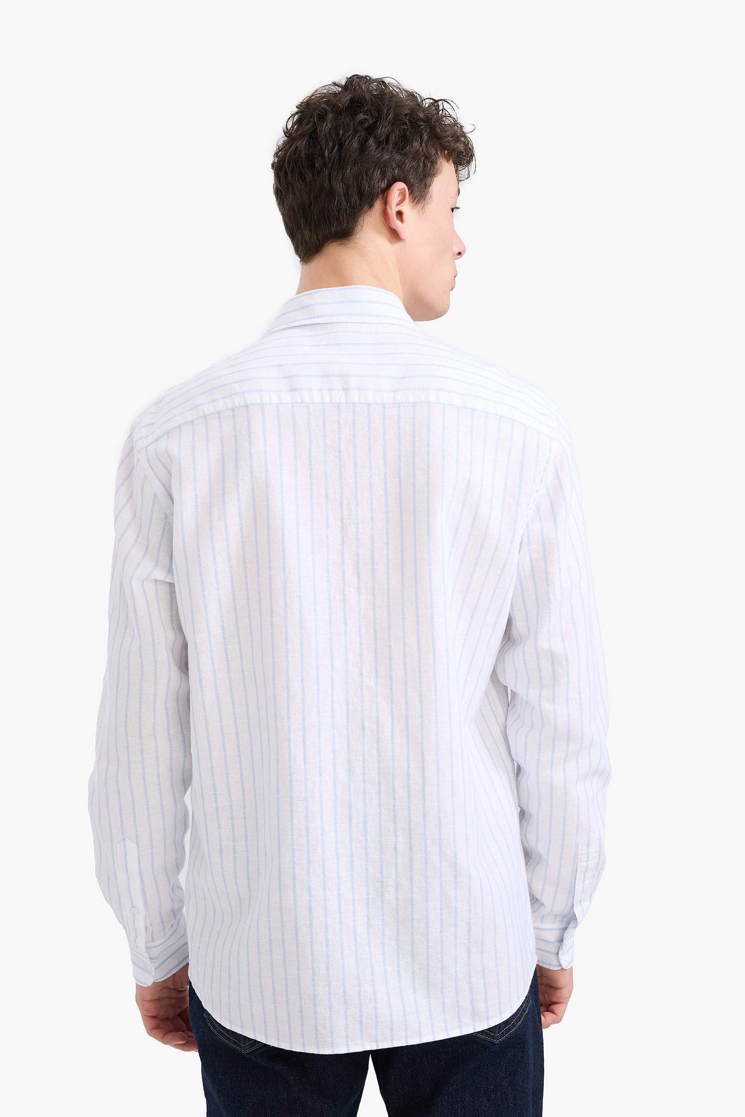 Regular Fit Polo Yaka Çizgili Keten Yazlık Uzun Kollu Gömlek