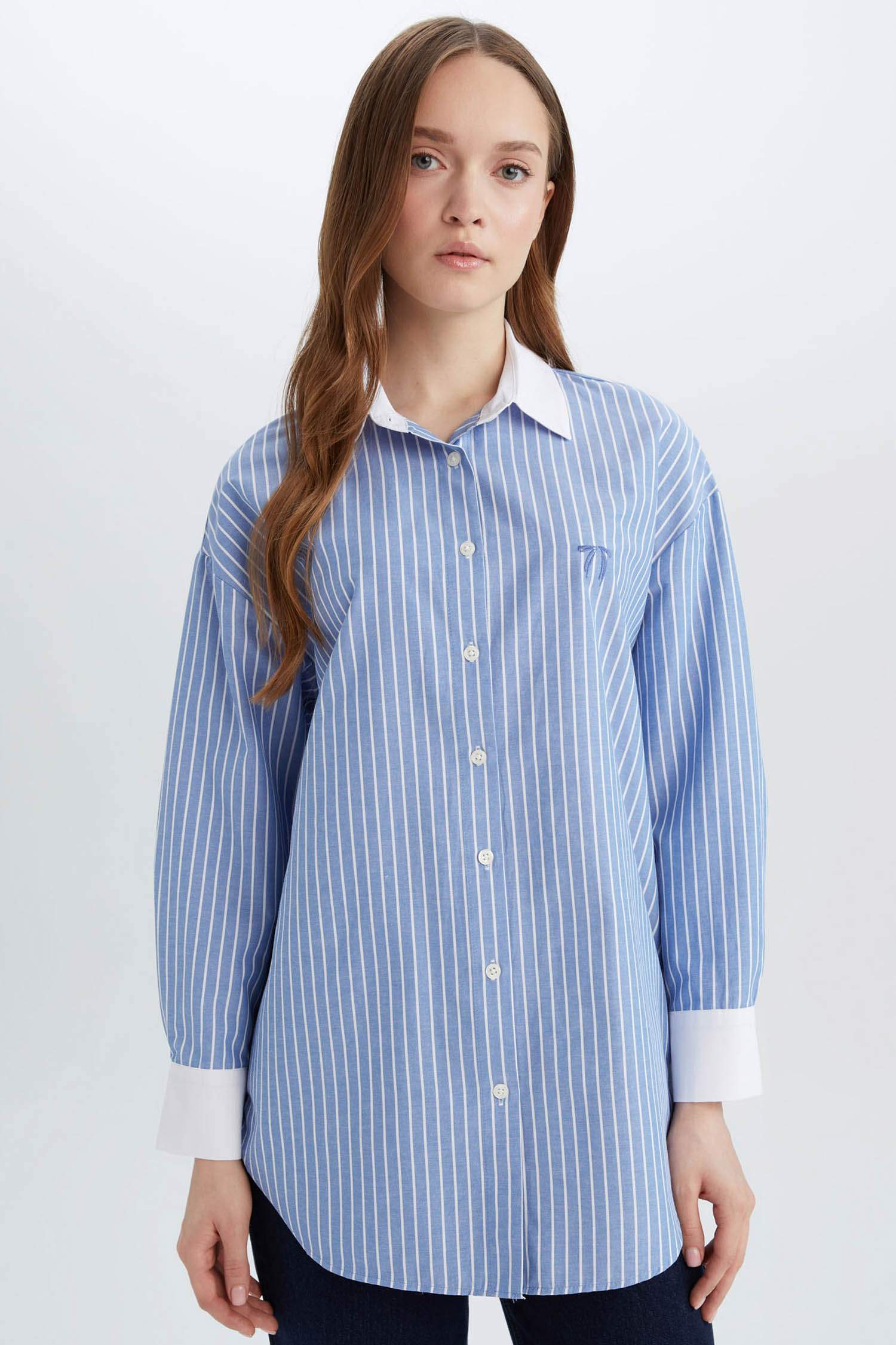 Relax Fit Çizgili Poplin Uzun Kollu Gömlek Tunik