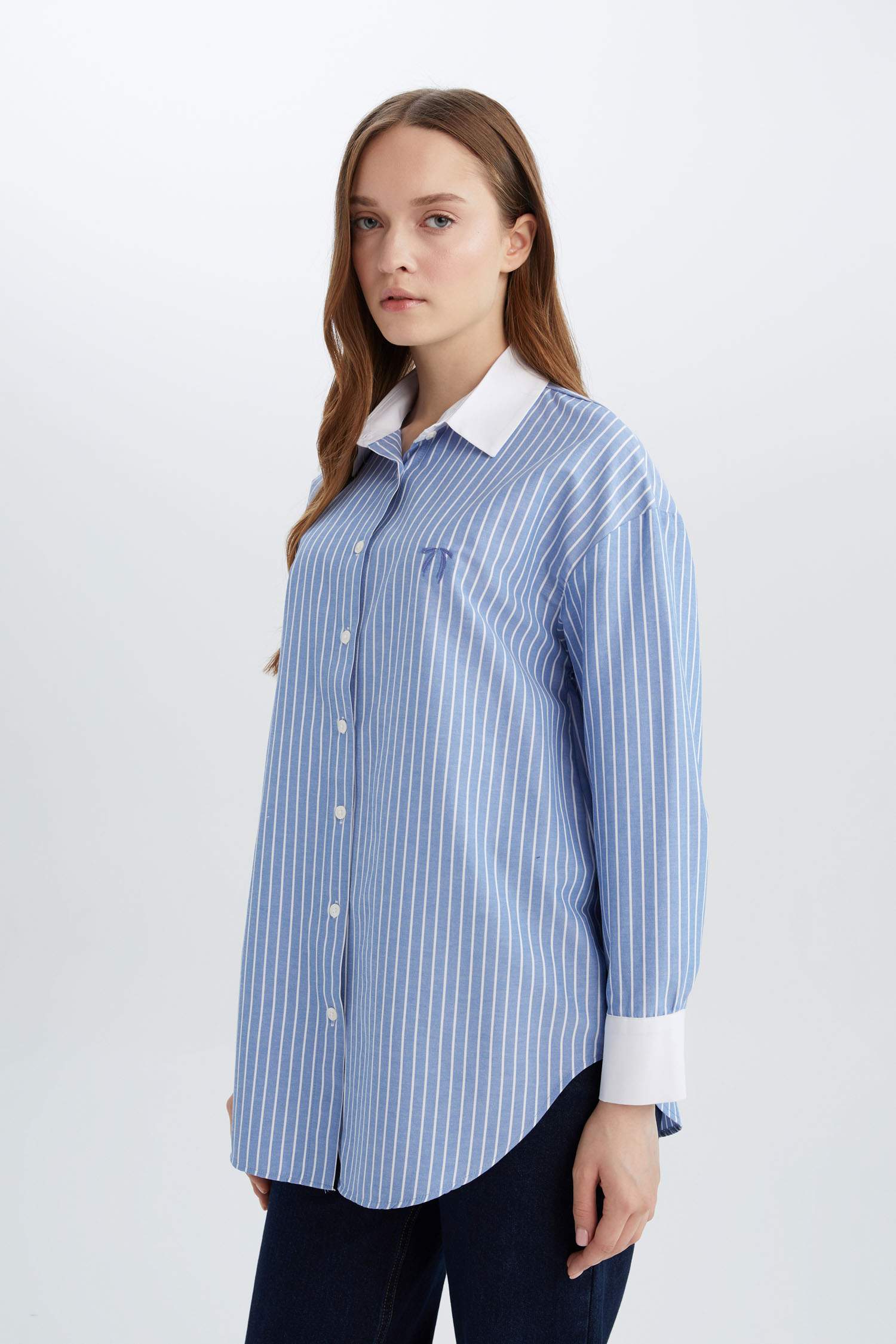 Relax Fit Çizgili Poplin Uzun Kollu Gömlek Tunik