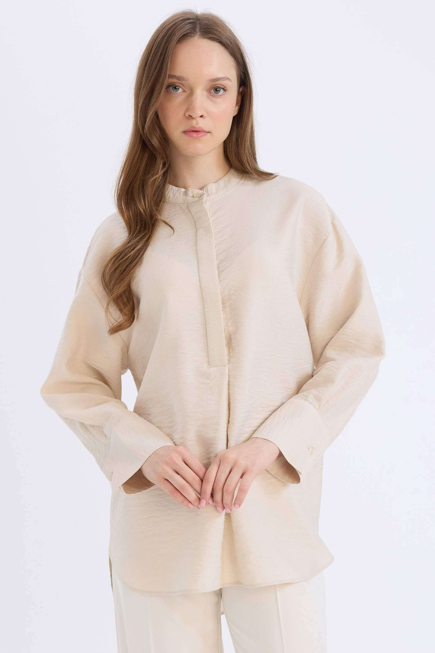 Relax Fit Mandarin Collar Basic Long Sleeve Shirt Tunic