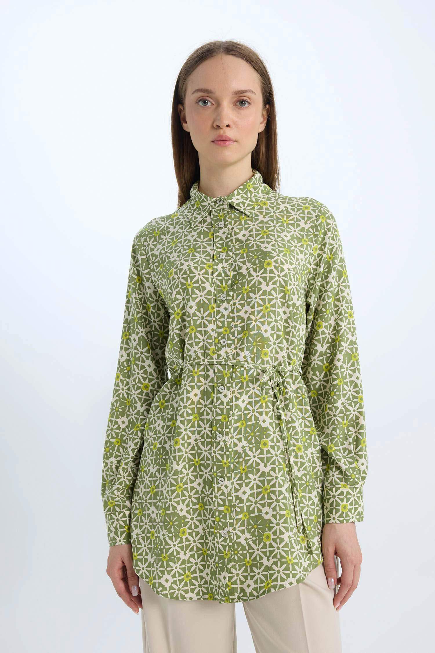 Regular Fit Shirt Collar Printed Long Sleeve Tunic