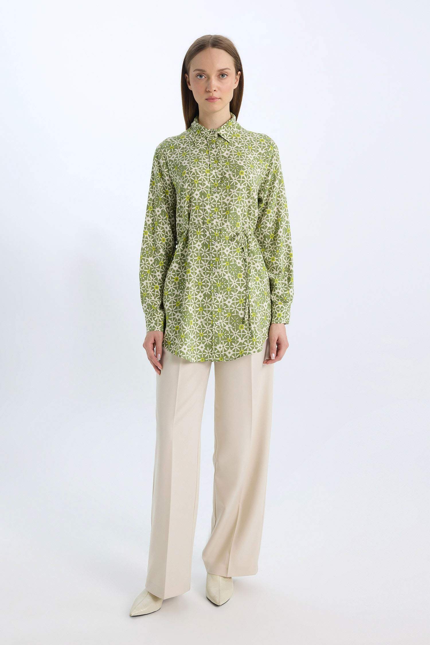 Regular Fit Shirt Collar Printed Long Sleeve Tunic