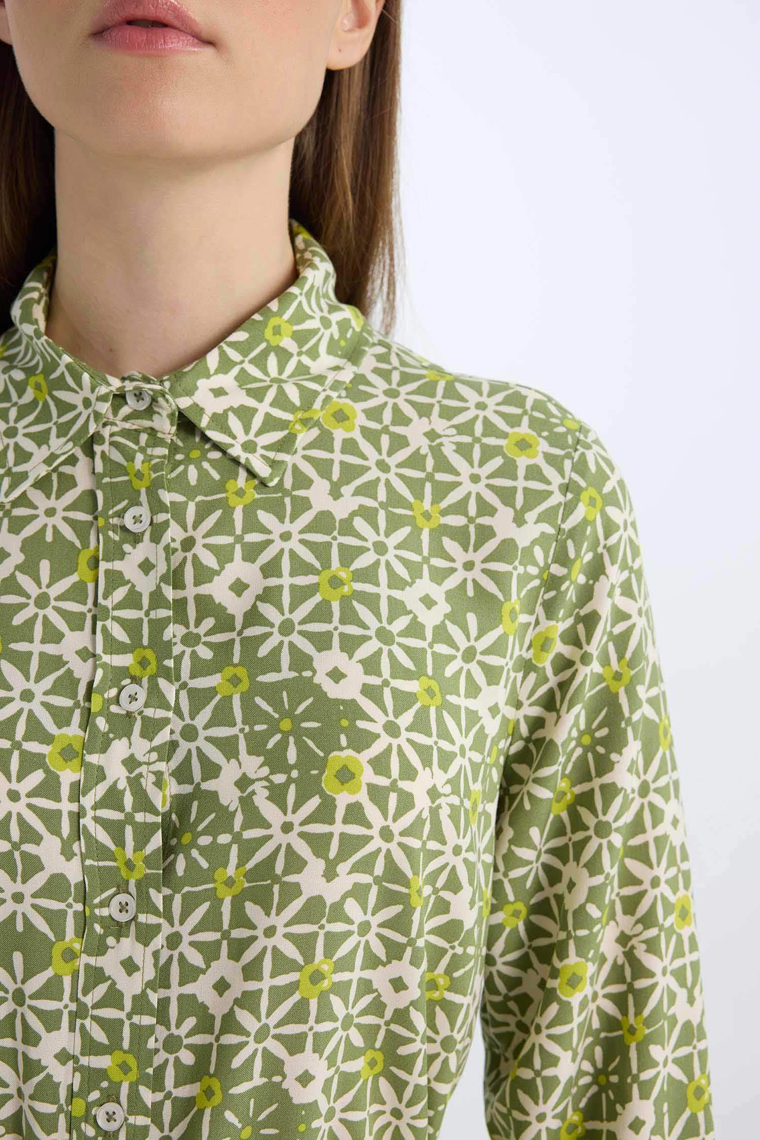 Regular Fit Shirt Collar Printed Long Sleeve Tunic