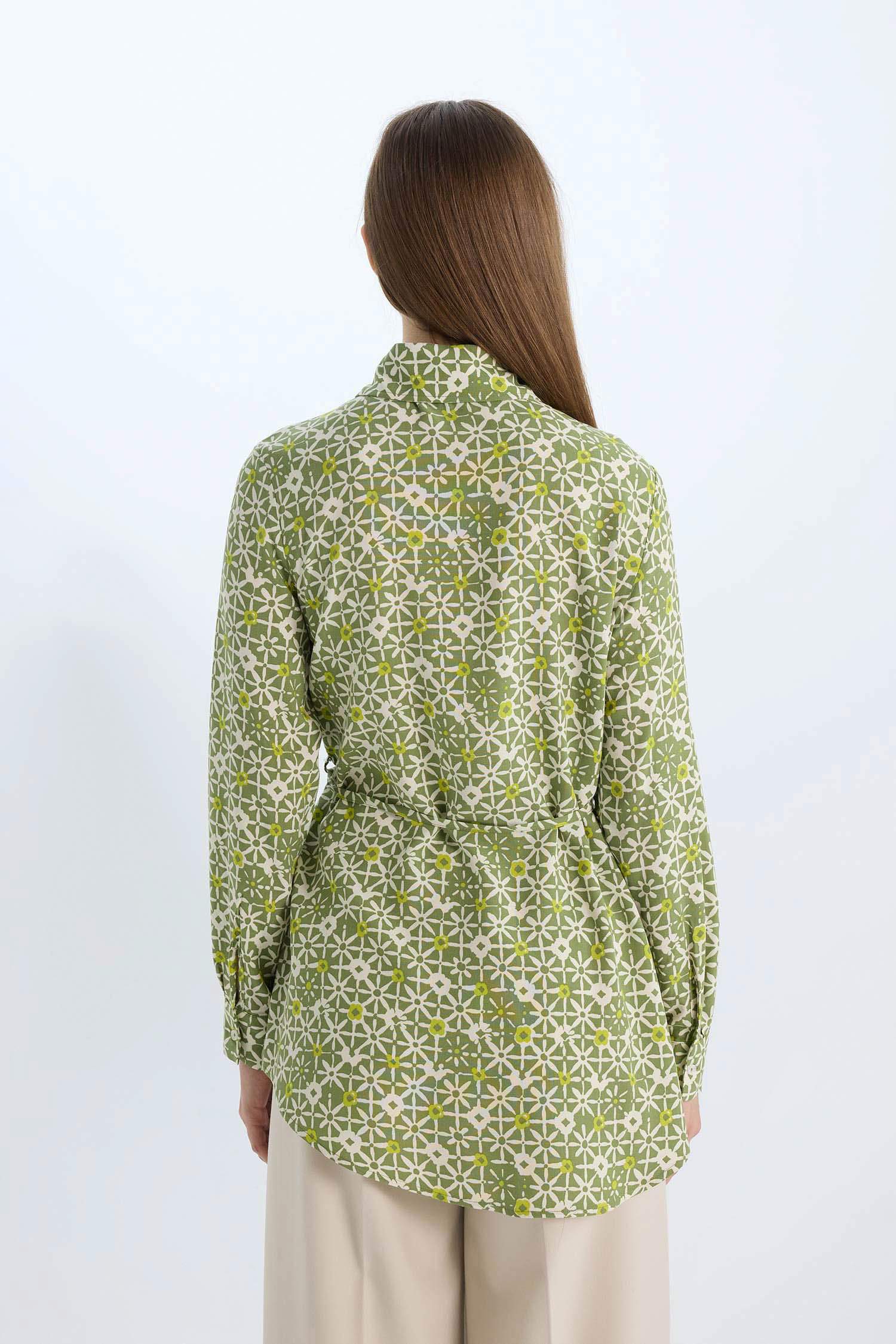 Regular Fit Shirt Collar Printed Long Sleeve Tunic