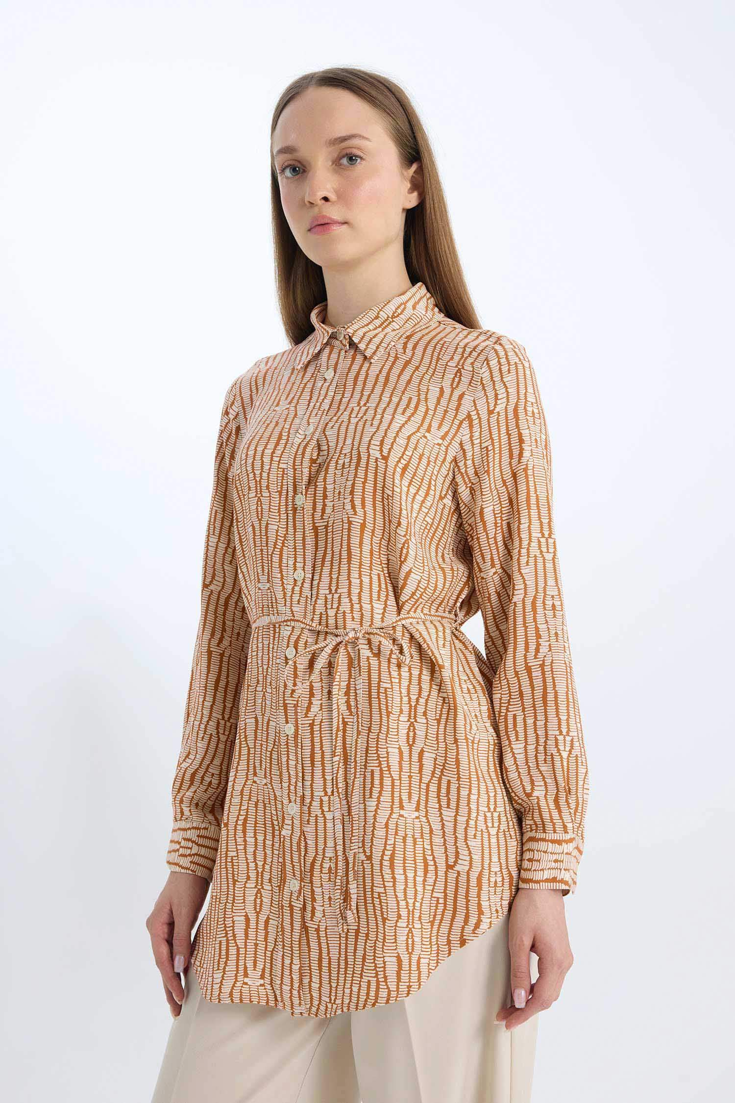 Regular Fit Shirt Collar Printed Long Sleeve Tunic