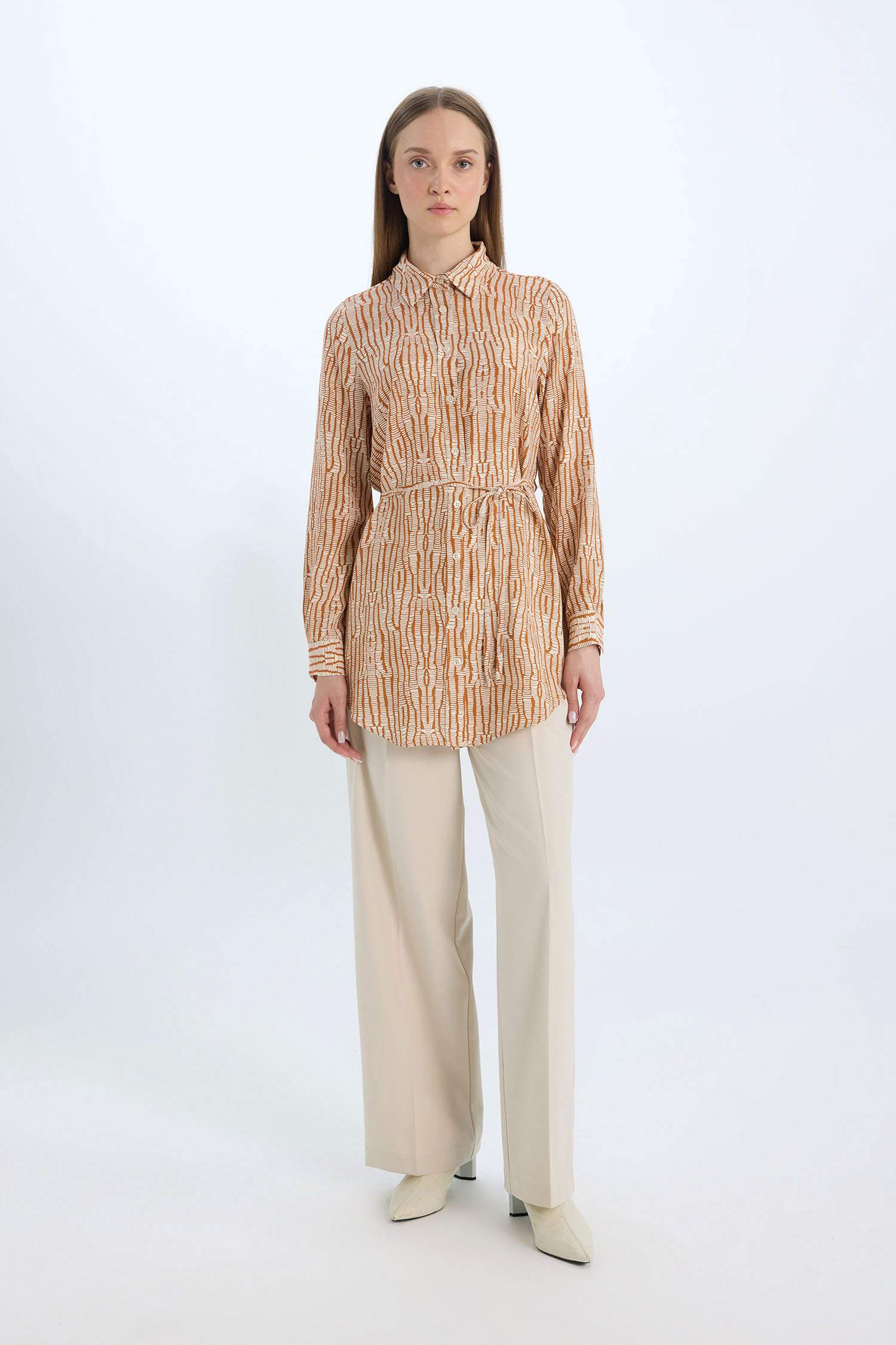 Regular Fit Shirt Collar Printed Long Sleeve Tunic