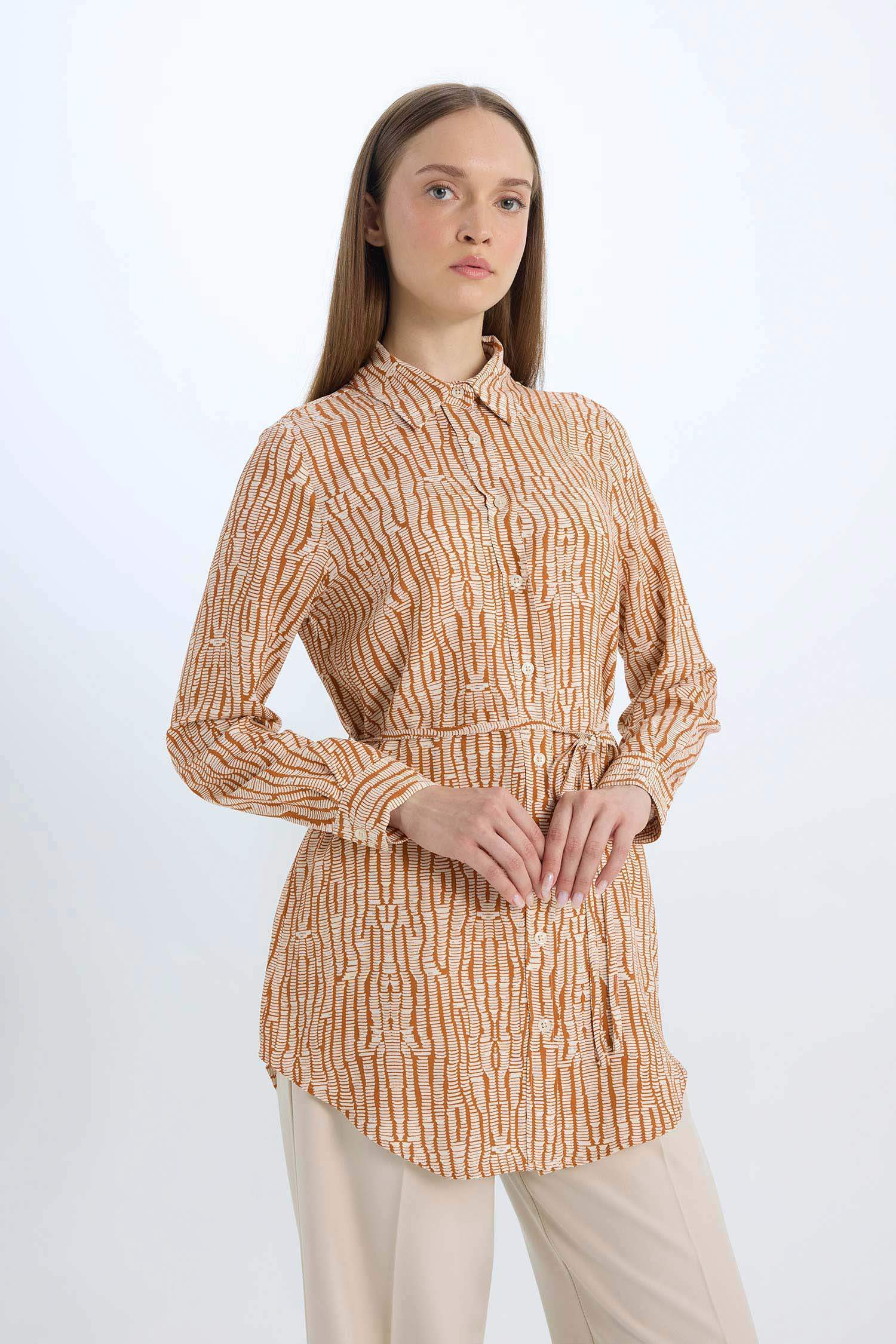Regular Fit Shirt Collar Printed Long Sleeve Tunic