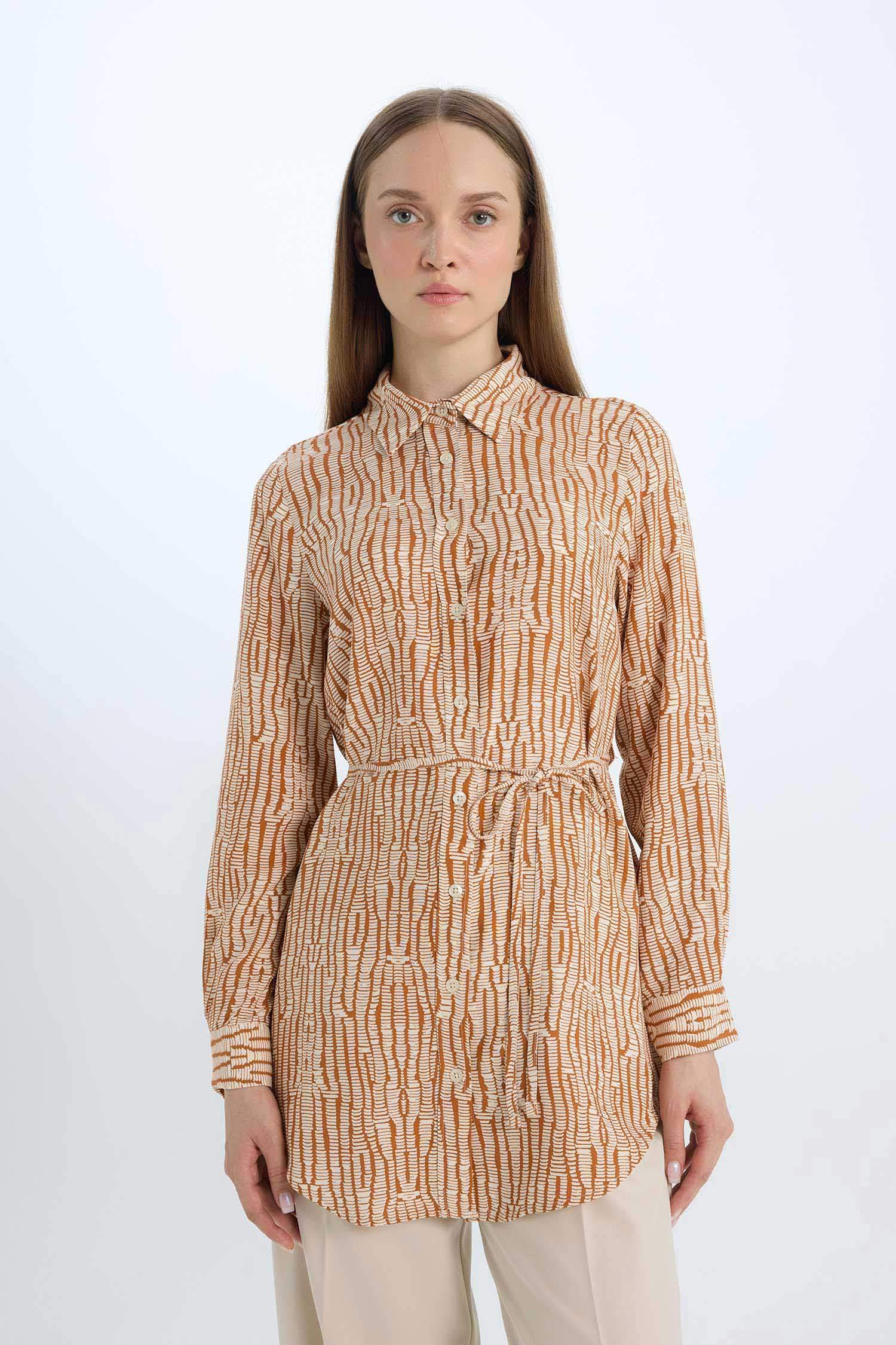 Regular Fit Shirt Collar Printed Long Sleeve Tunic