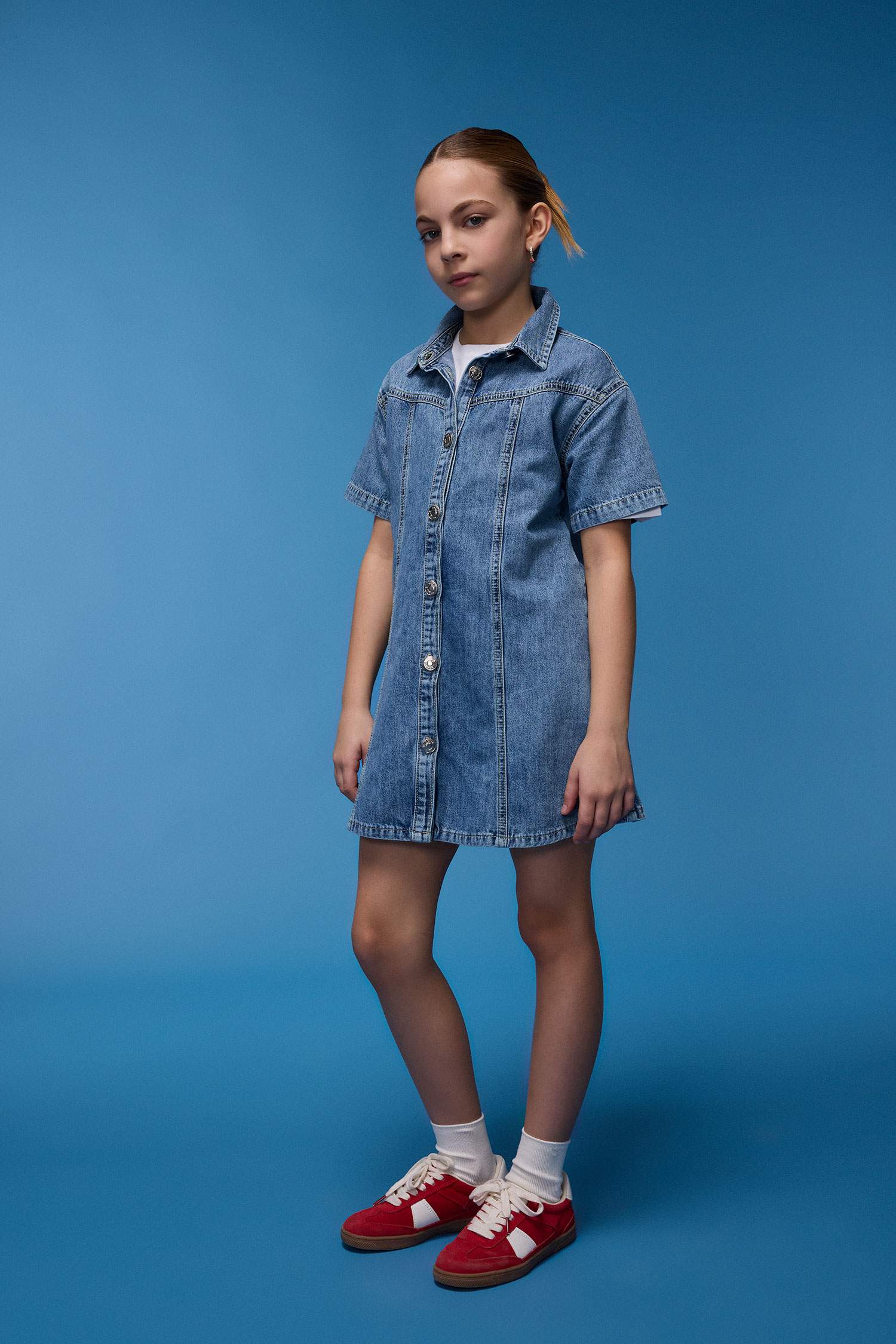 Girl Shirt Collar Short Sleeve Cotton Denim Dress
