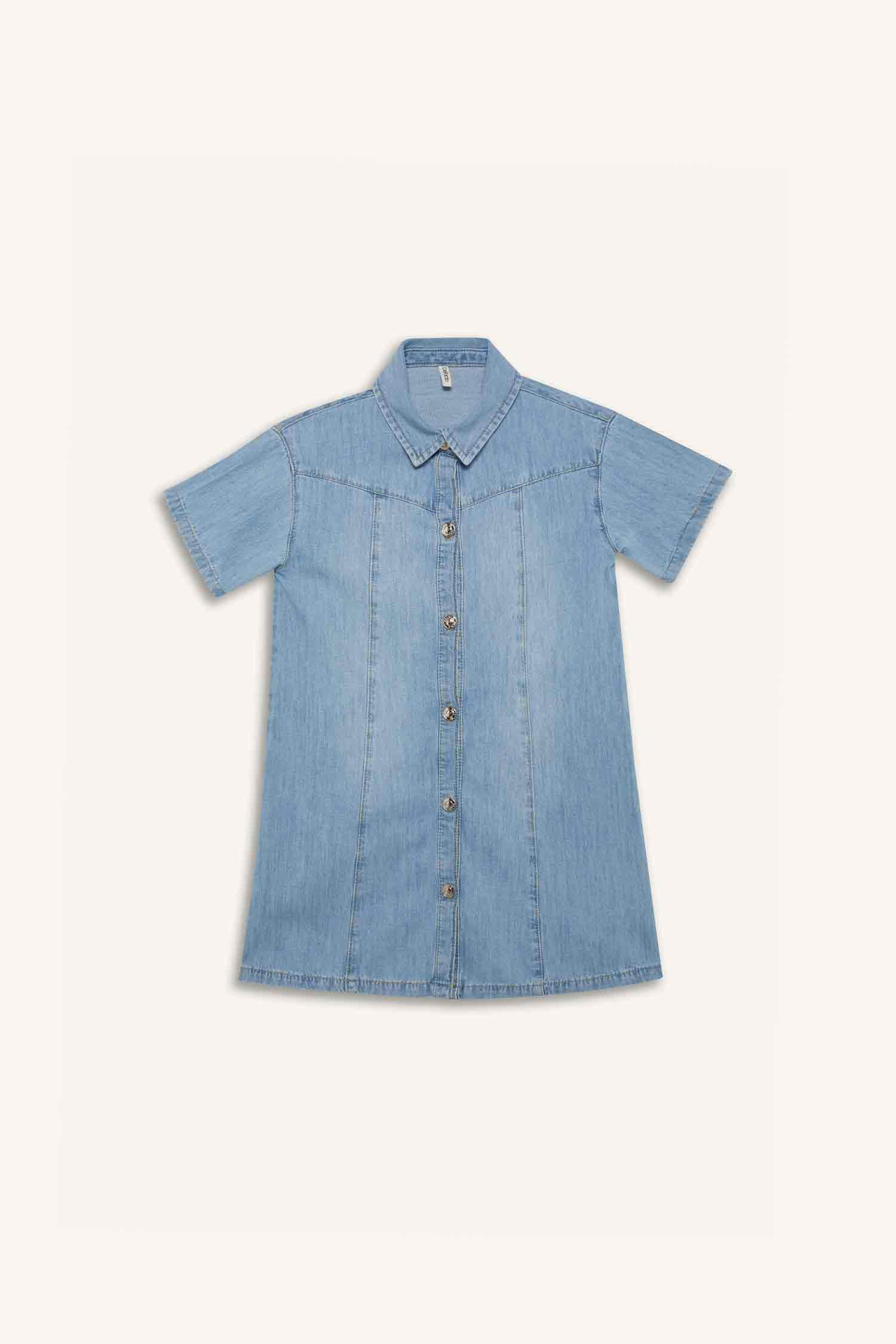 Girl Shirt Collar Short Sleeve Cotton Denim Dress