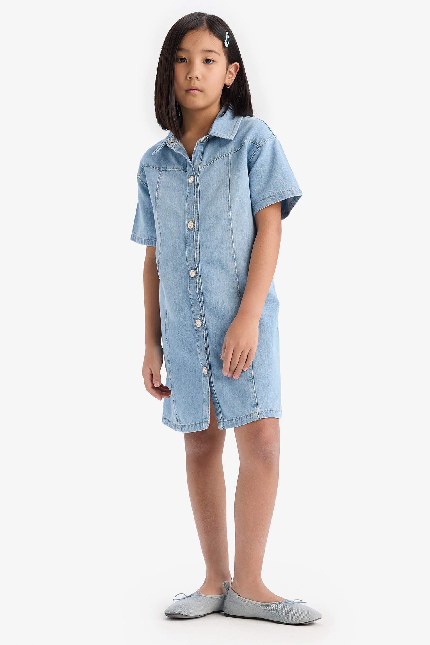 Girl Shirt Collar Short Sleeve Cotton Denim Dress