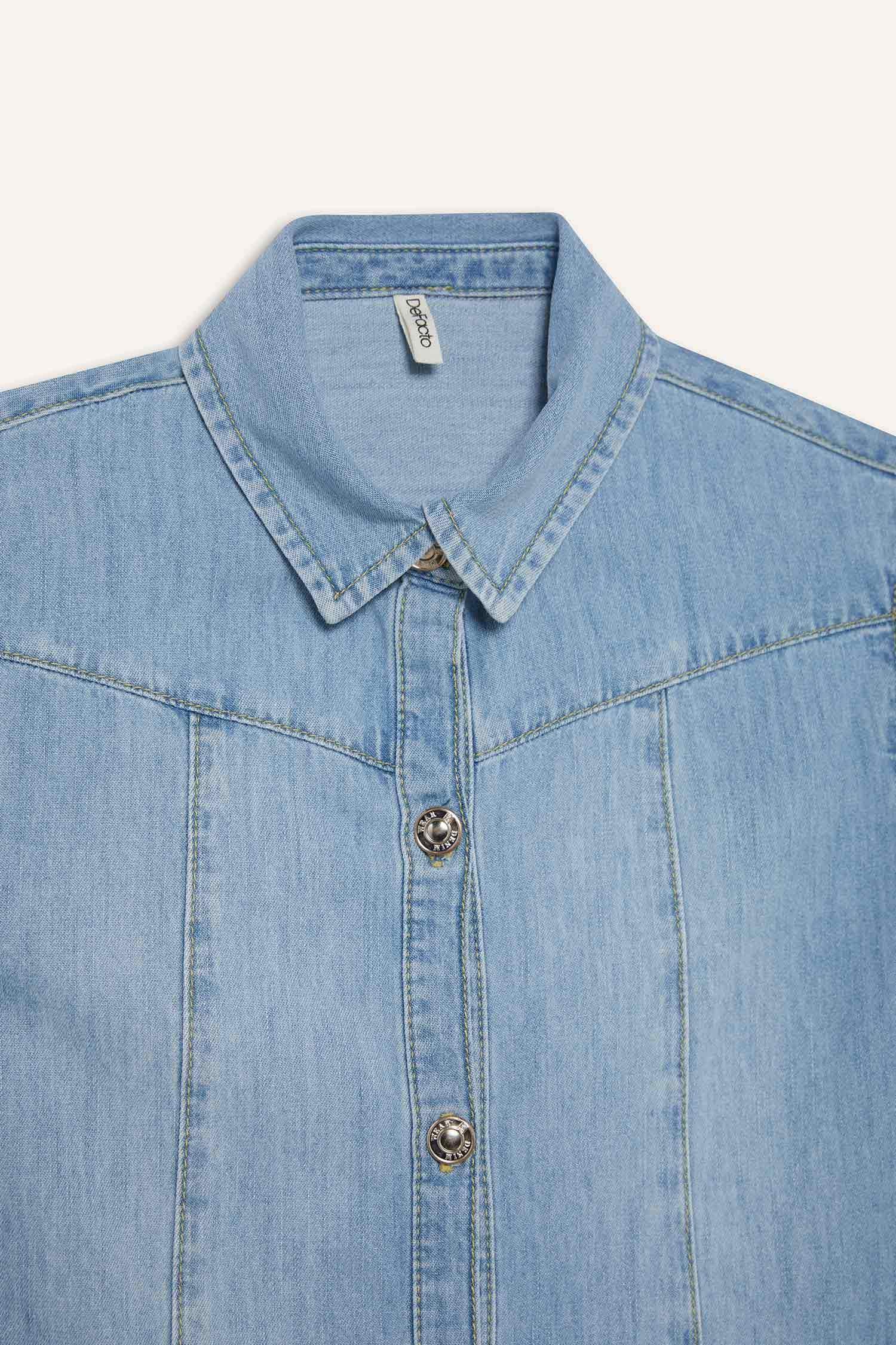 Girl Shirt Collar Short Sleeve Cotton Denim Dress