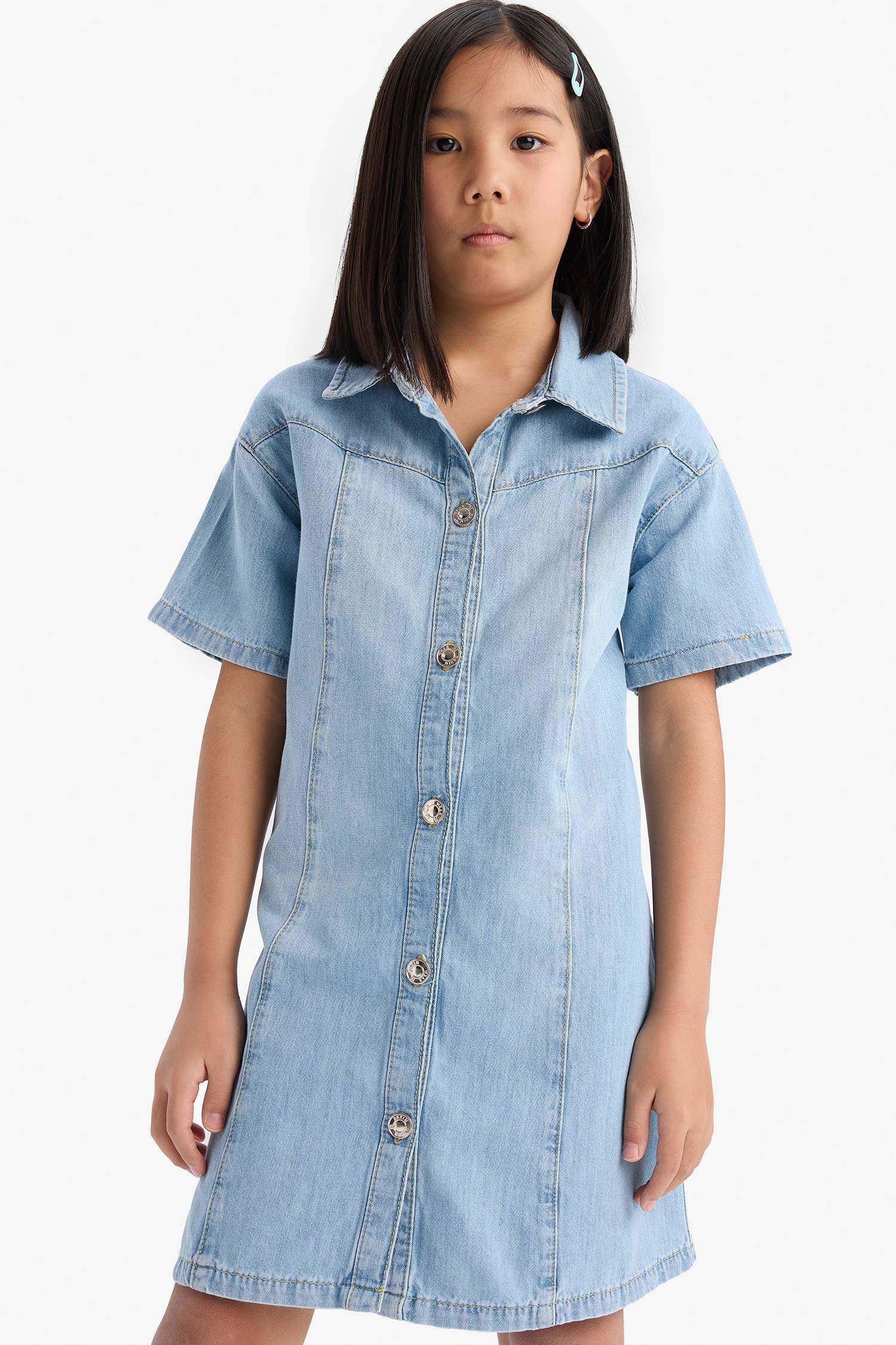 Girl Shirt Collar Short Sleeve Cotton Denim Dress